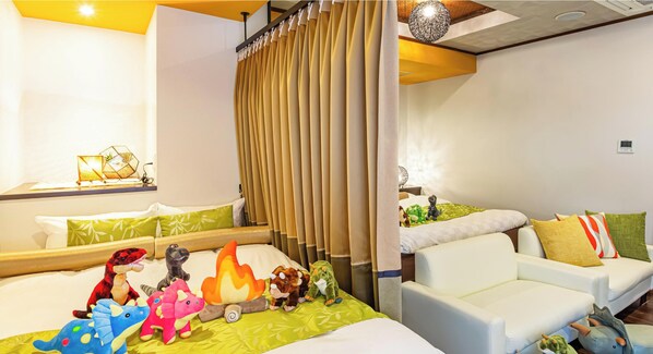 Family Room with a Curtain Divider, 2 Double Beds + Single Bed, Non Smoking | In-room safe, blackout curtains, soundproofing, free rollaway beds