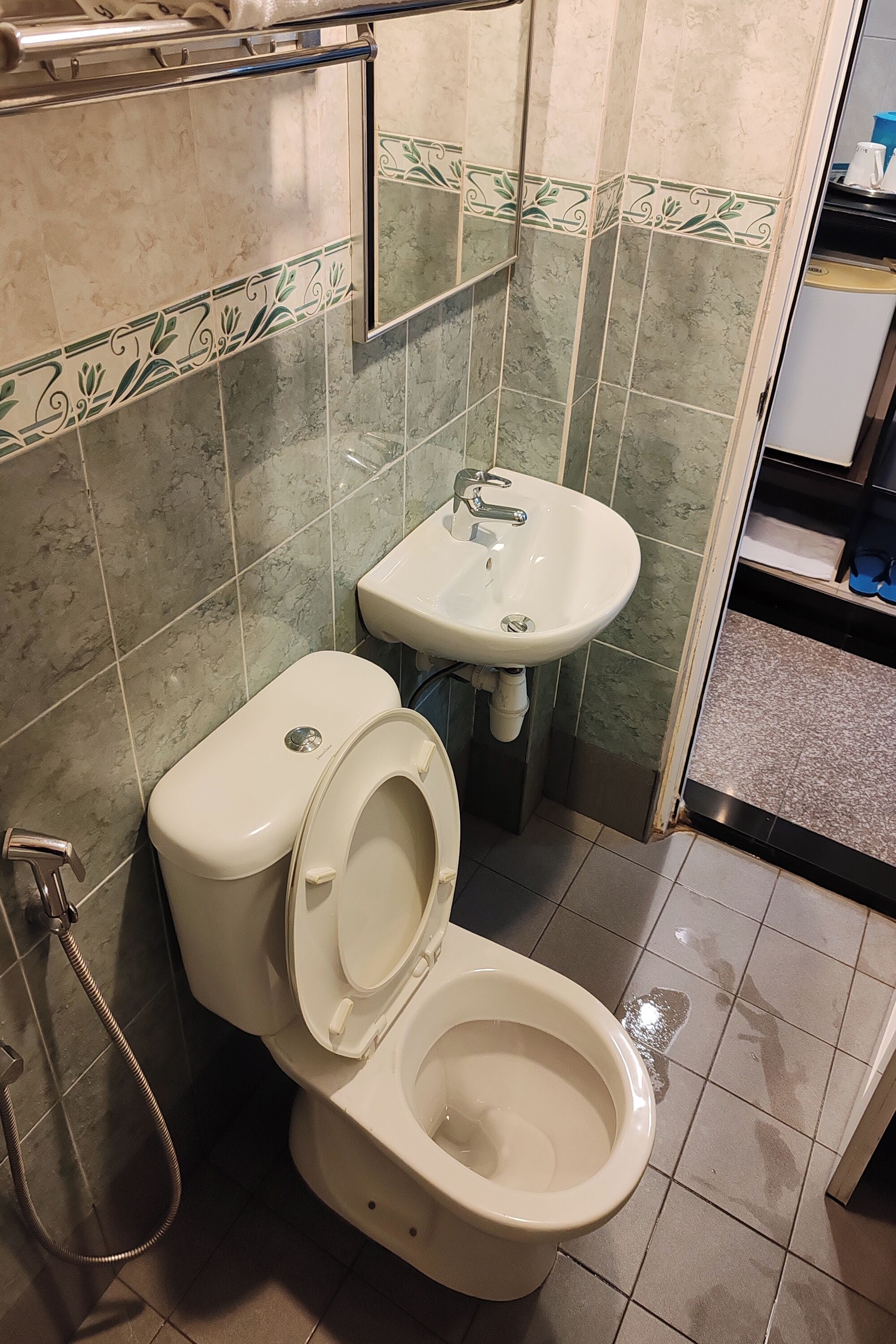 A bathroom with a toilet, sink, and shower.