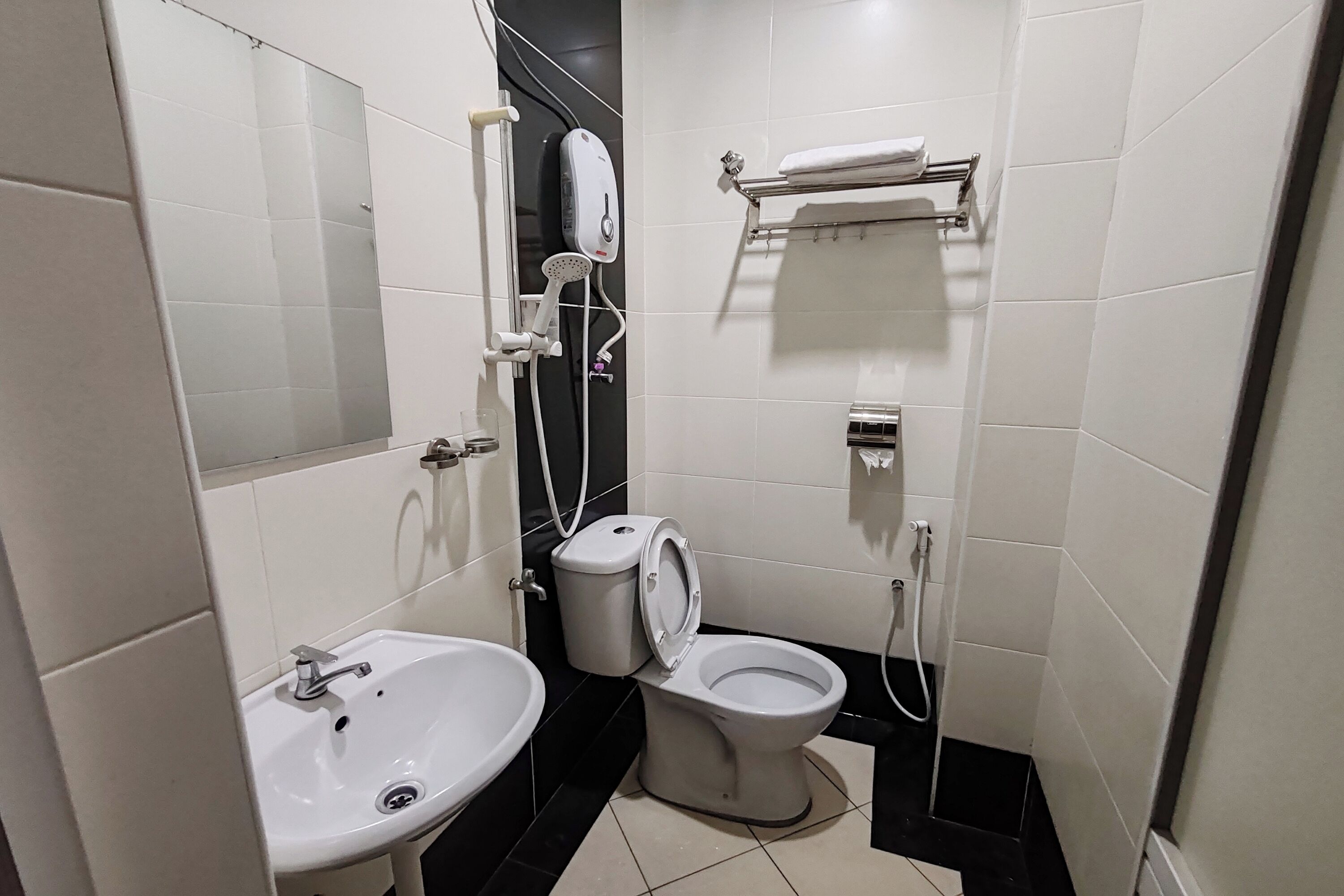 A modern bathroom with a toilet, sink, and a handheld showerhead mounted on the wall.