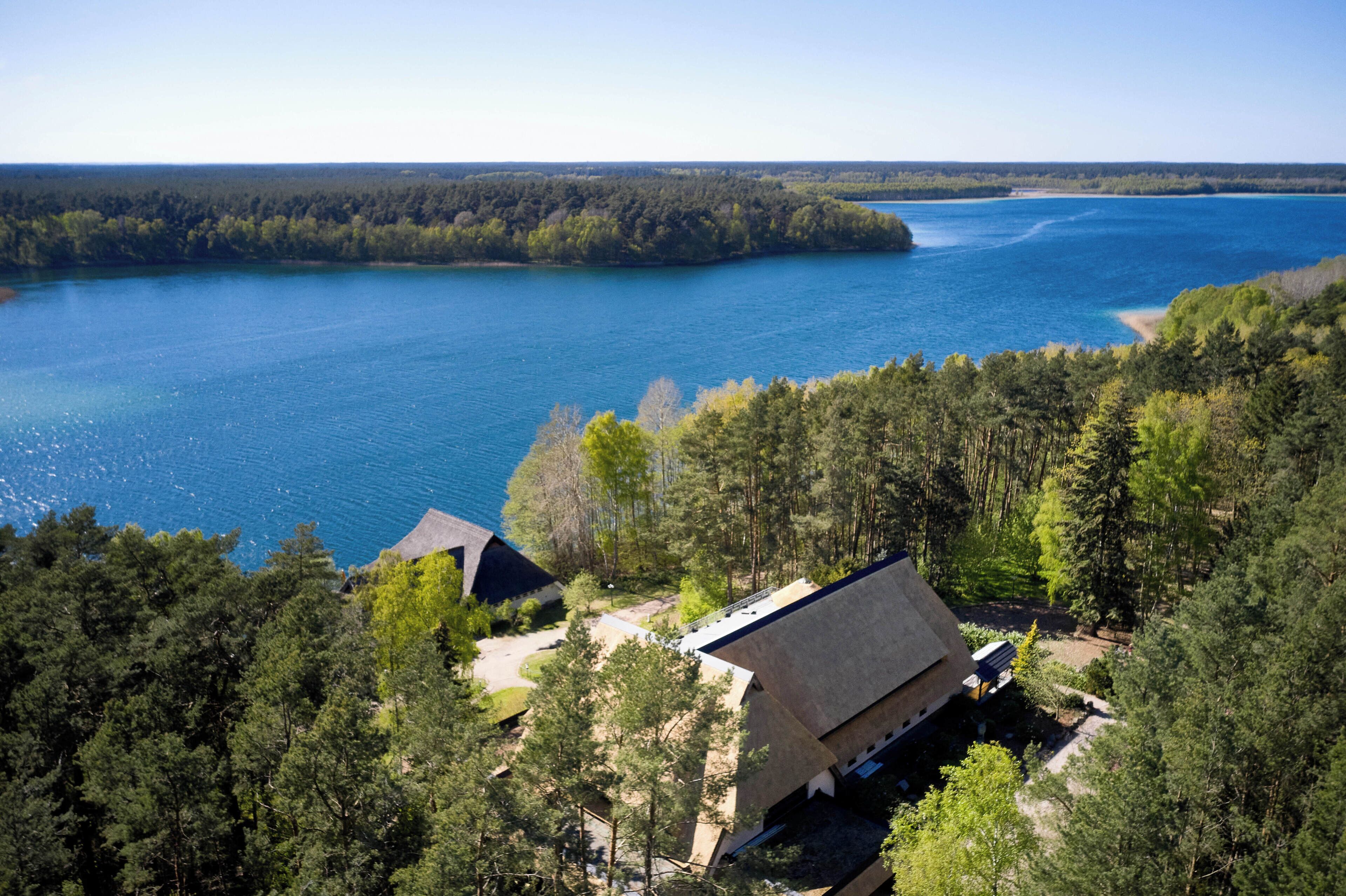 Un chalet au toit de chaume, entouré d’une forêt dense et bordé d’une vaste étendue d’eau.