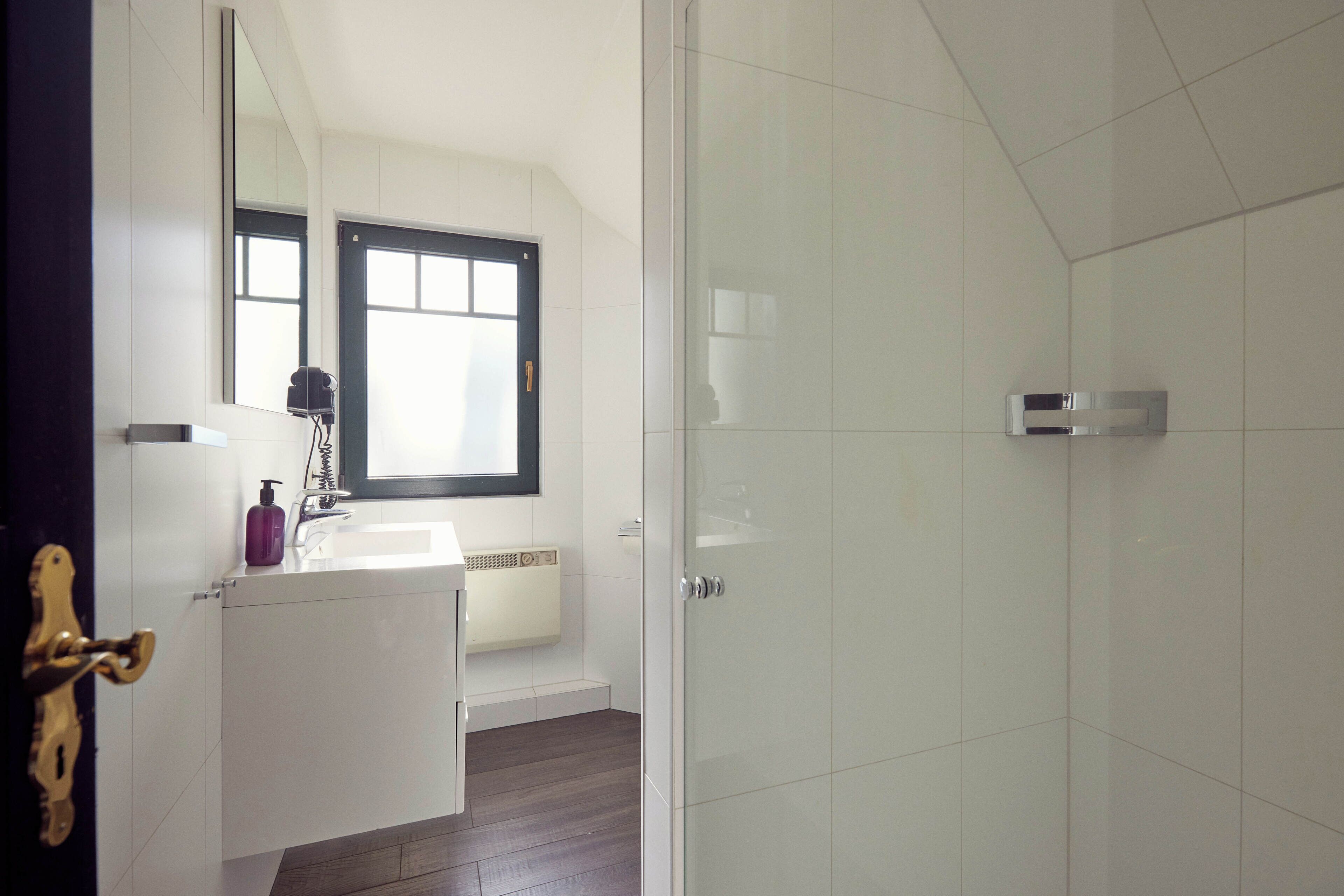 A bathroom with a white sink, a mirror, a window, and a shower area.
