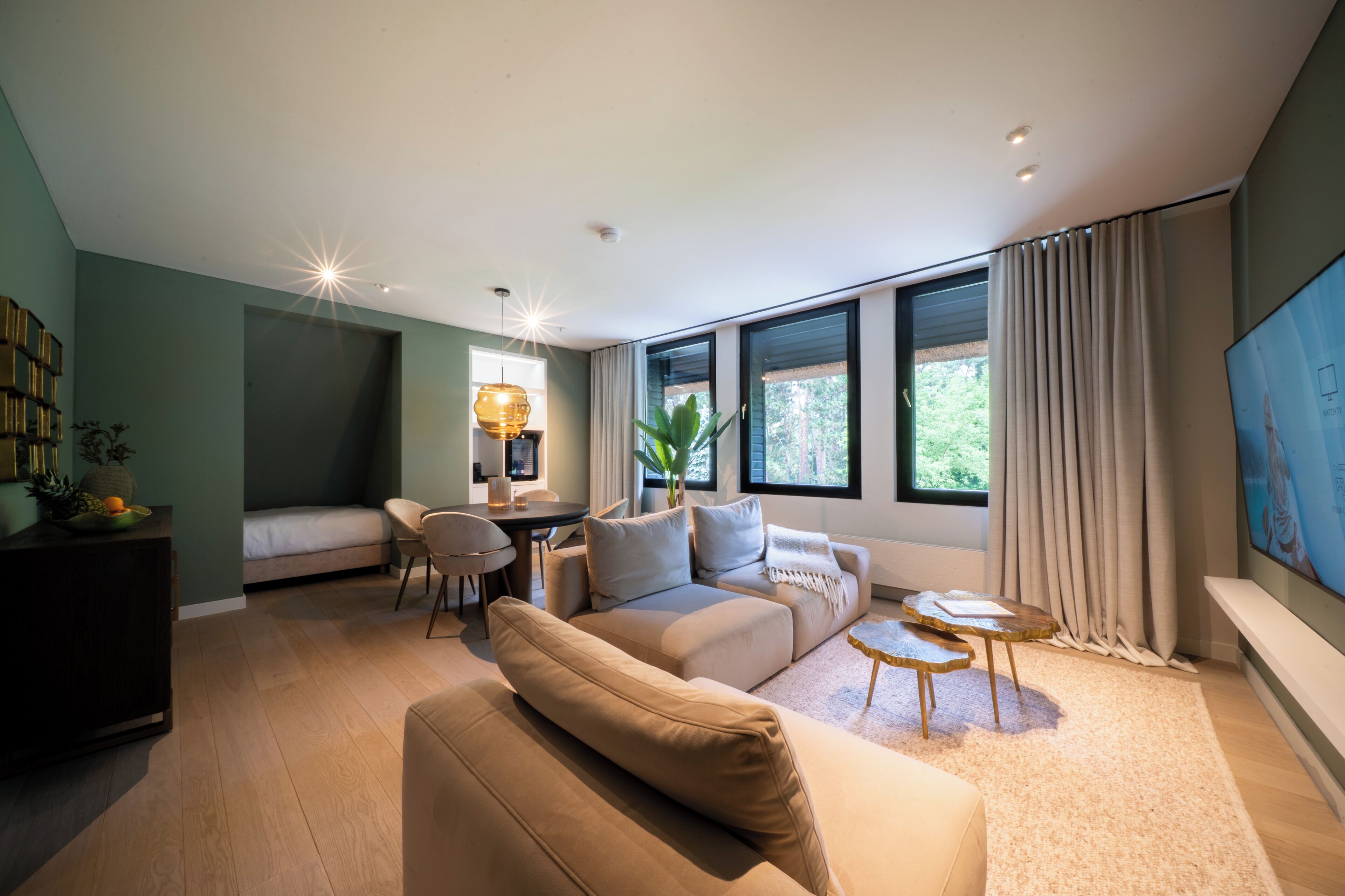 A modern living room with a sofa, a dining table, and a TV.