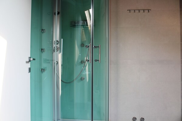 Shower, free toiletries, hair dryer, towels