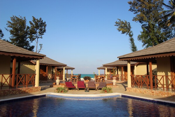 Outdoor pool, pool umbrellas, pool loungers