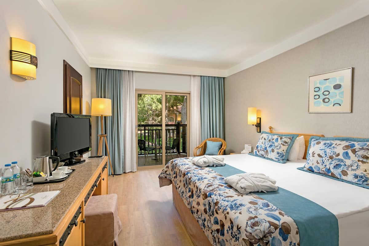 A hotel room with a bed, a desk with a TV, a chair, a window with curtains, and a door leading to an outdoor area.
