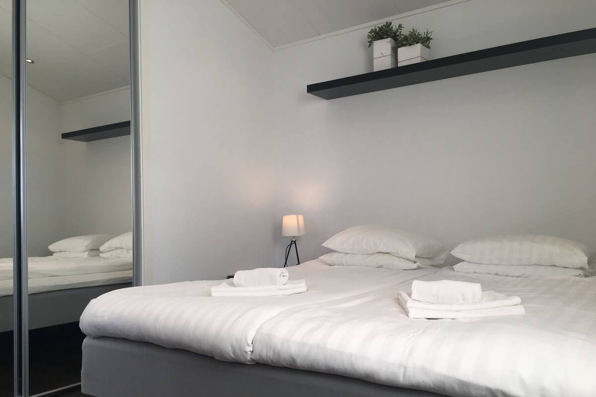 A modern bedroom with a large bed, a bedside lamp, and a small shelf with plants.