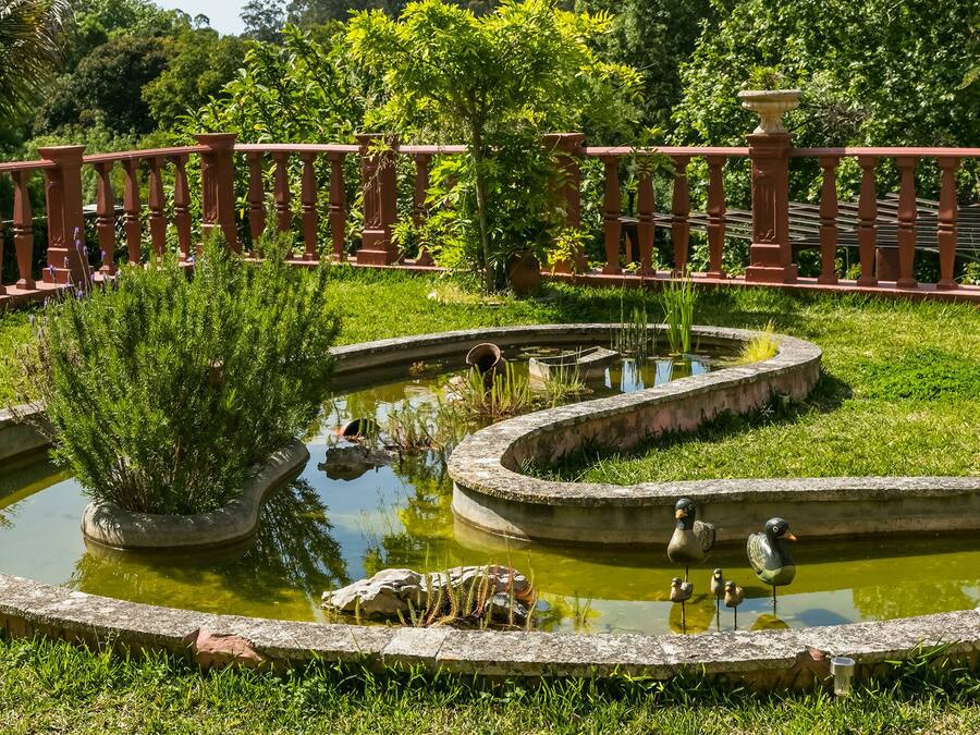 A garden with a pond, a red fence, and a statue.