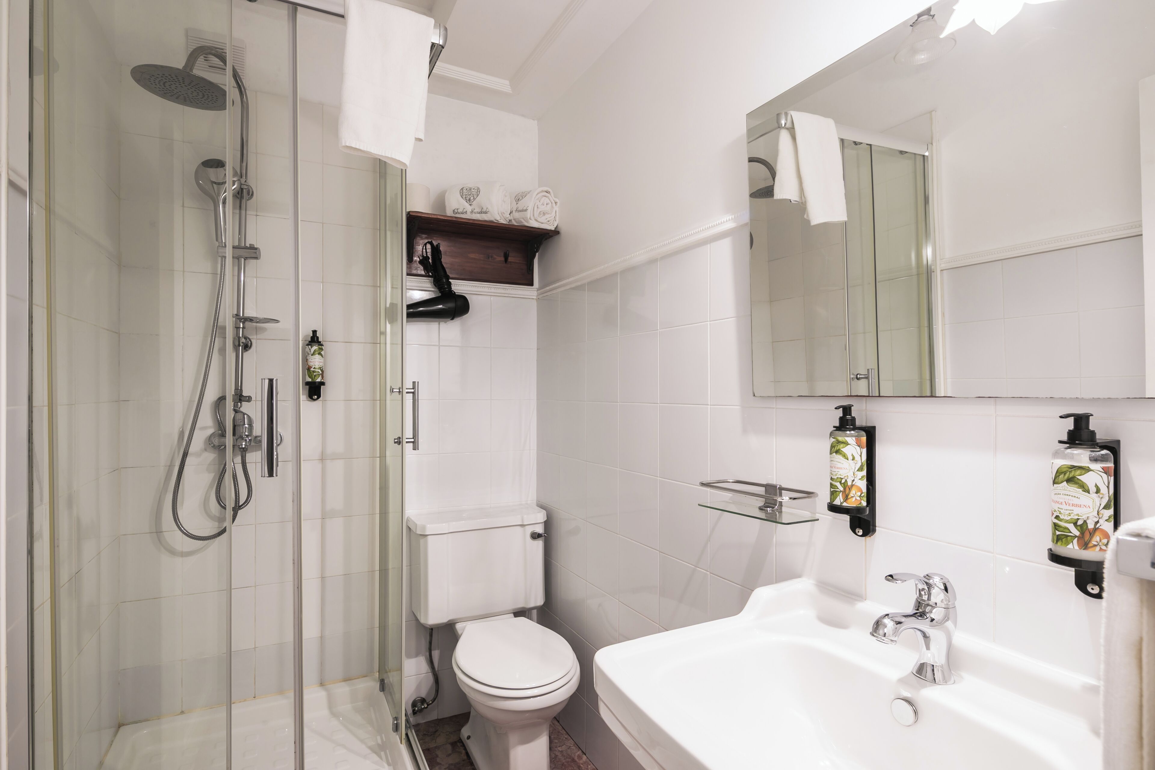 A bathroom with a glass-enclosed shower, a toilet, a sink with a mirror above it, and a shelf with toiletry items.