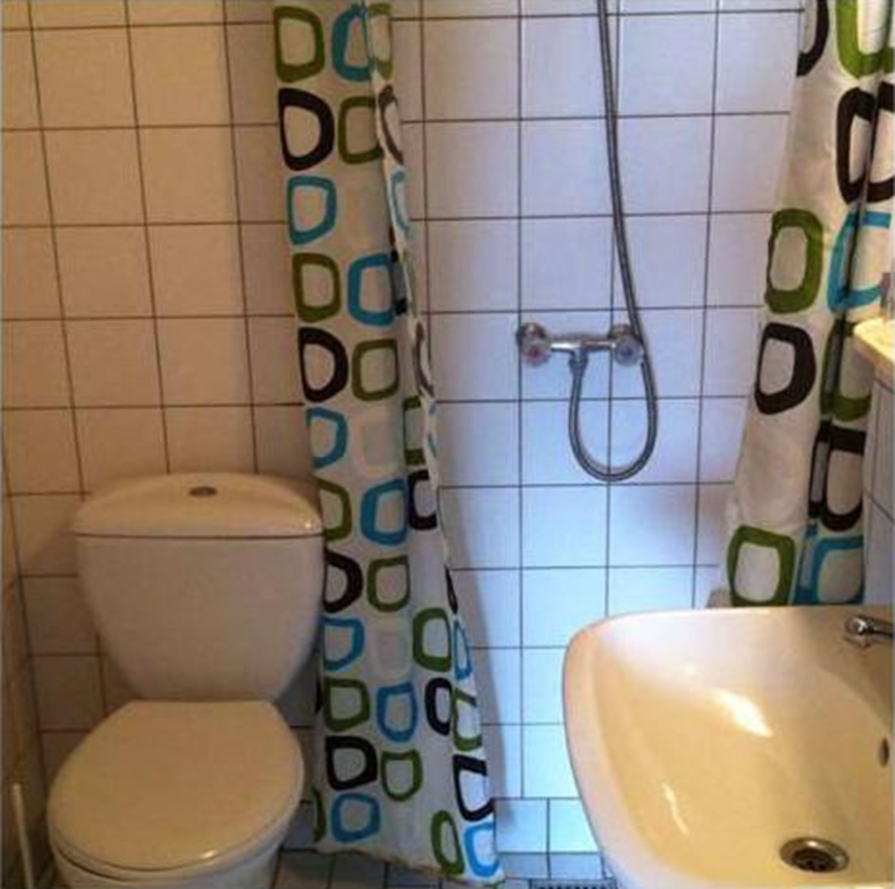 Een badkamer met toilet, wastafel en douchegordijn met een geometrisch patroon.