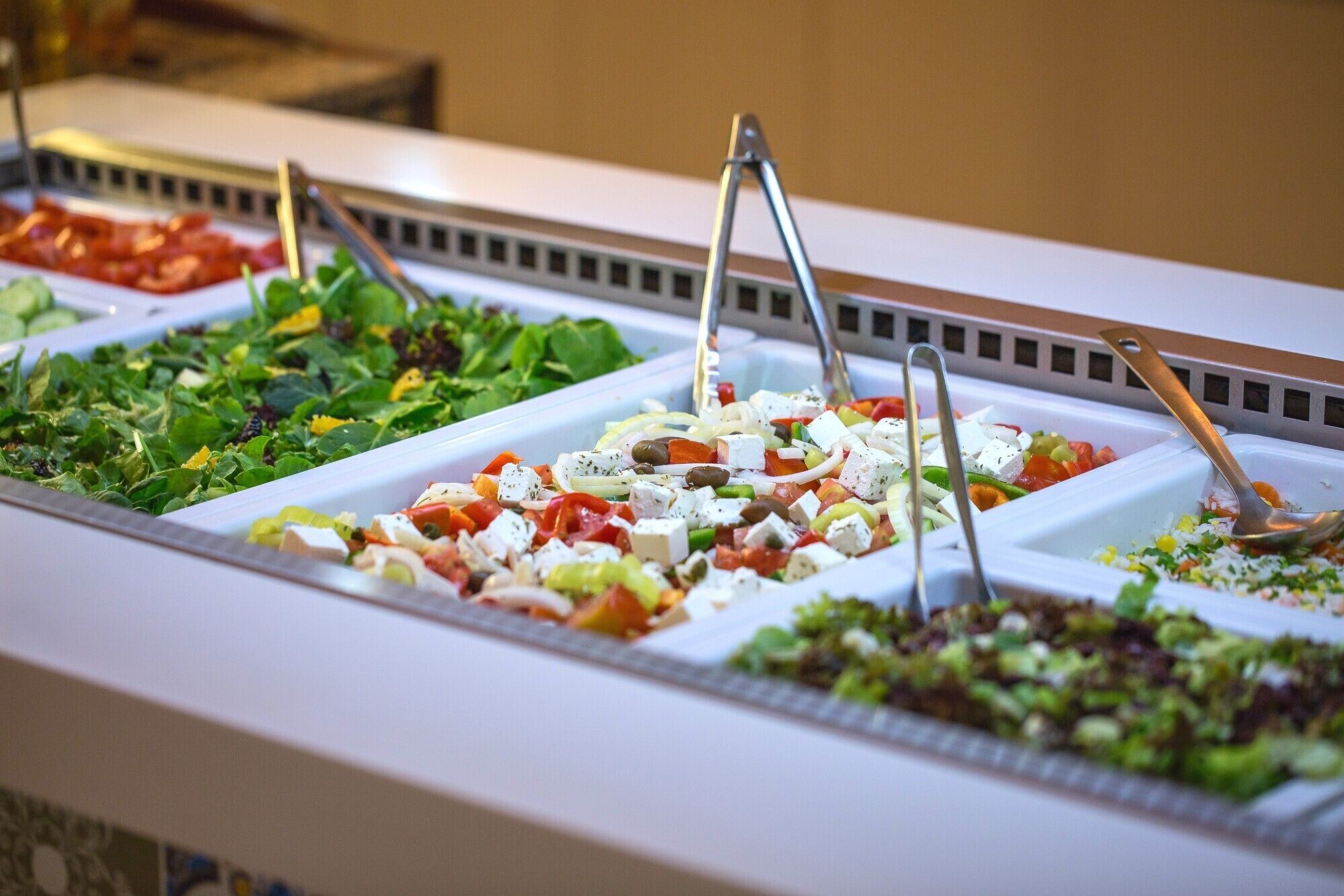 Un bufé con ensaladas y platos variados.