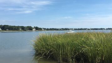 A calm lake with a boat in the distance, surrounded by grassy areas and houses along the shore.