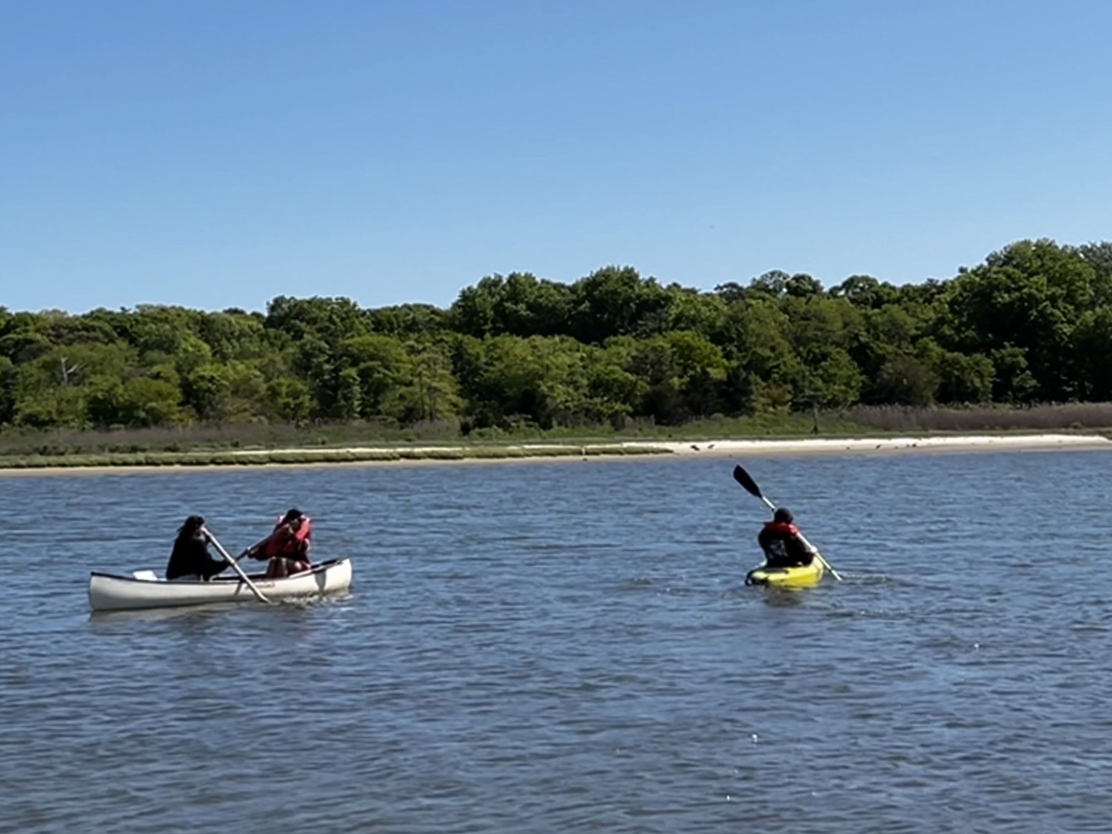 Two kayaks on calm water with a forested shoreline in the background.