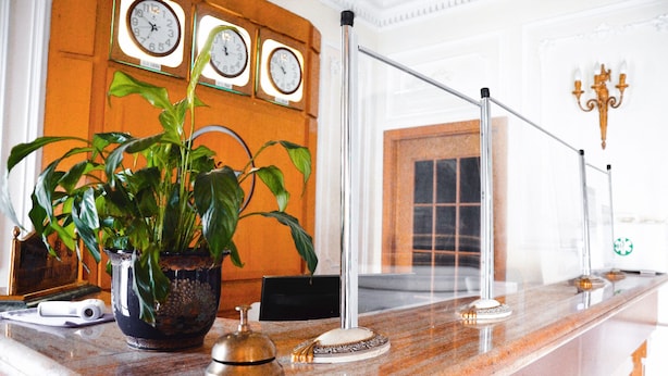 A reception desk with a potted plant, a telephone, and a bell. - Hotel Geo (Rome)