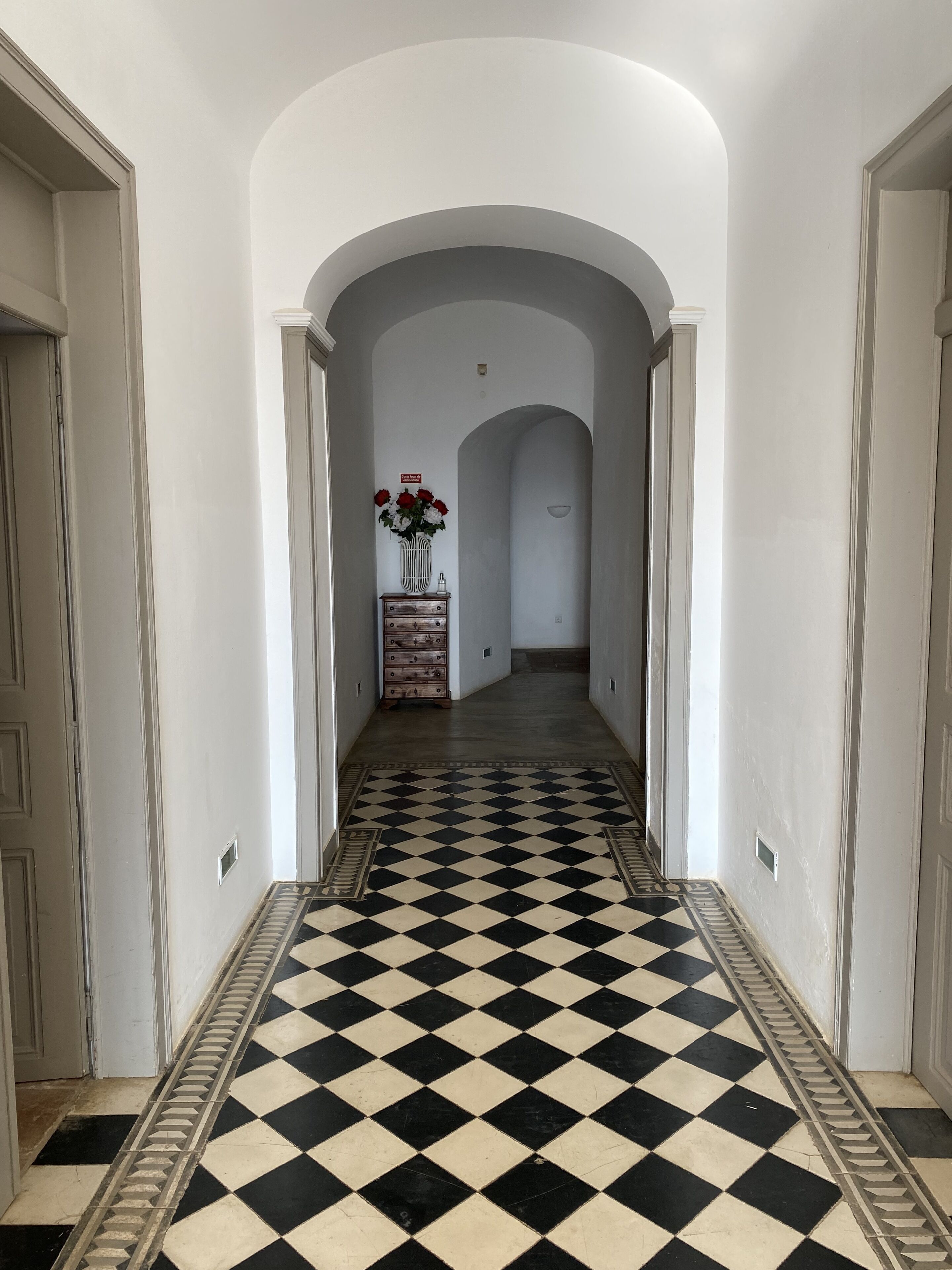 A hallway with a black and white checkered floor, white walls, and an arched ceiling.