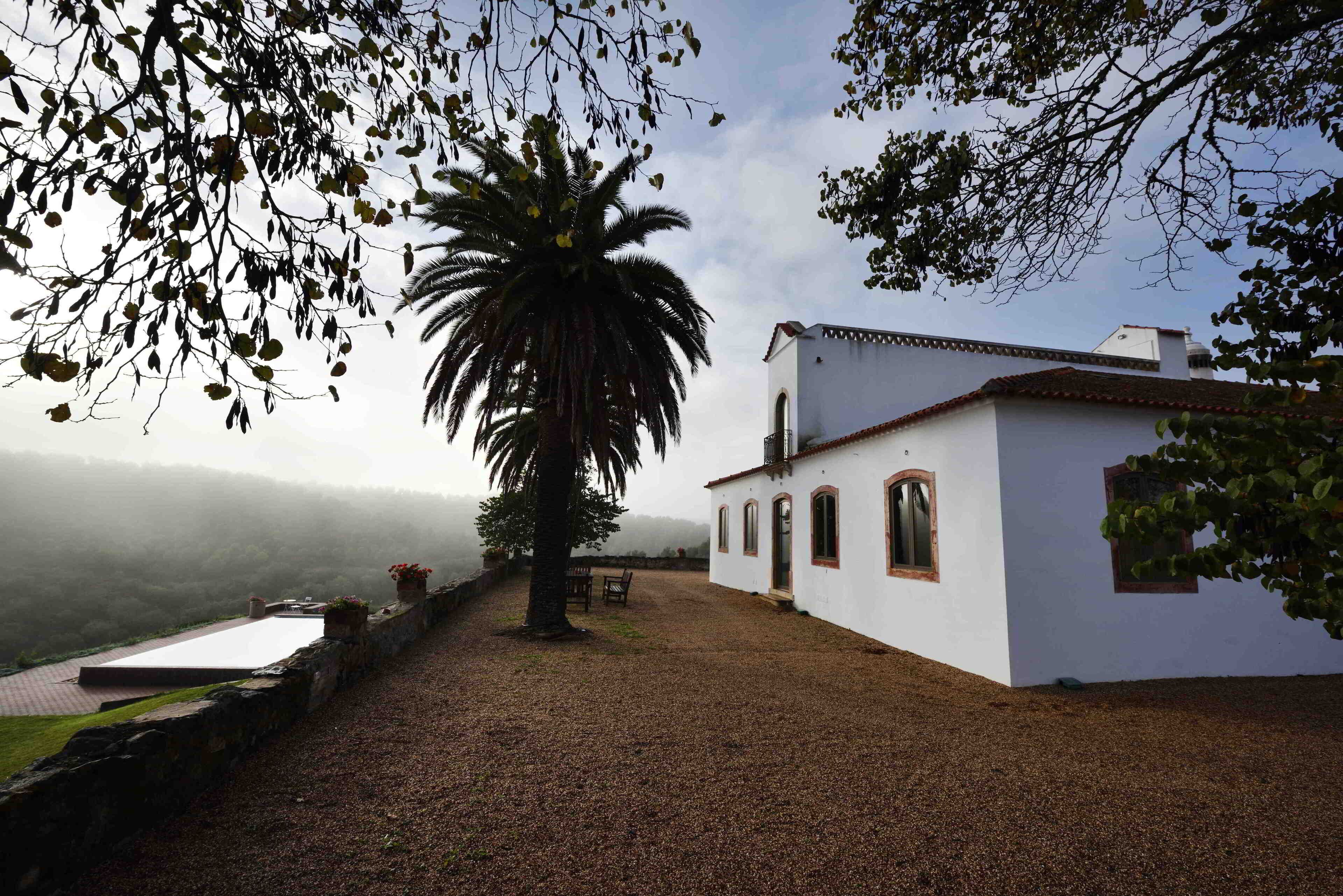 Un edificio blanco con ventanas arqueadas y techo de tejas, rodeado por un sendero de grava y una palmera.
