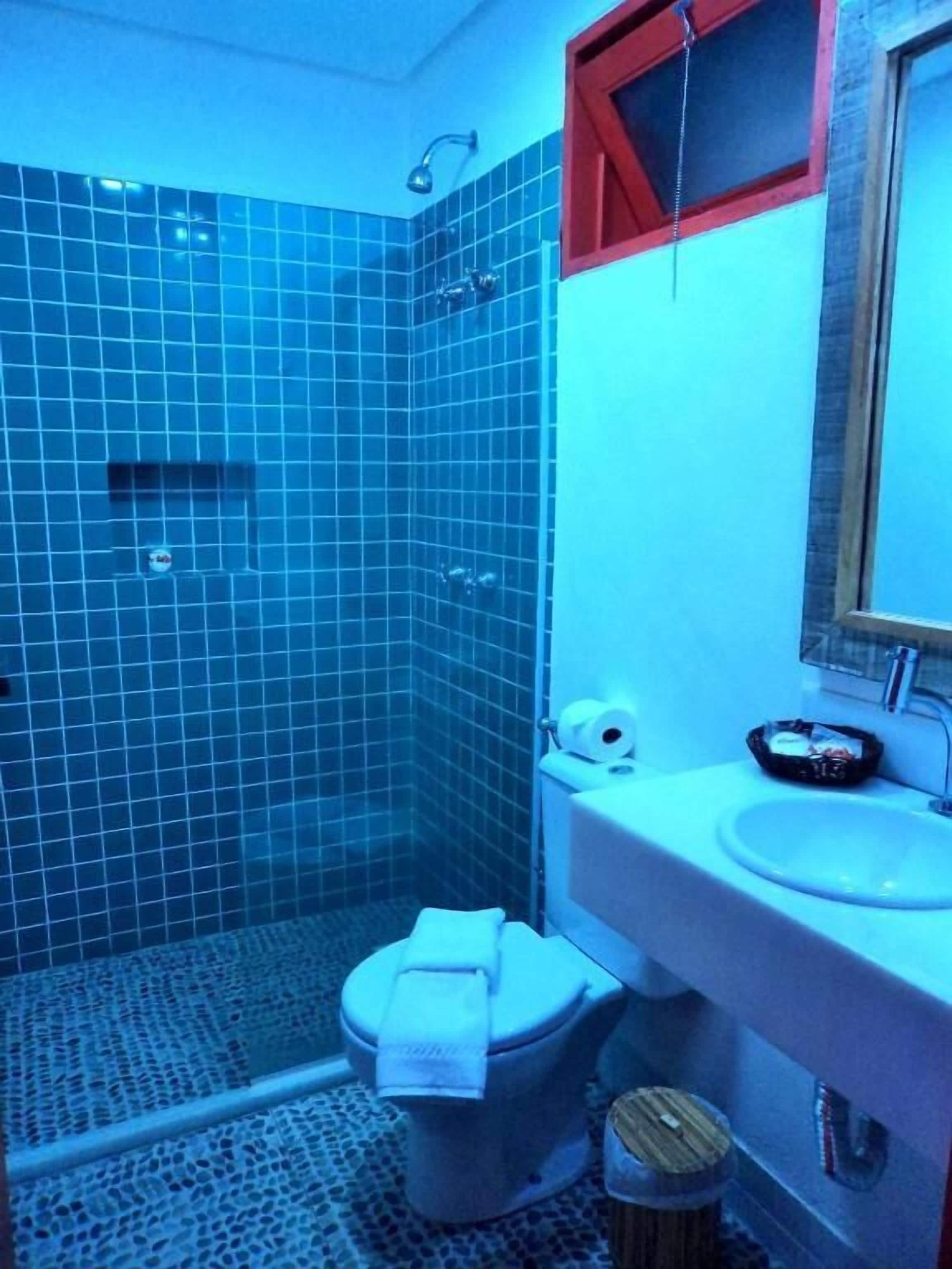 A bathroom with a shower, toilet, sink, and a mirror.