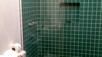 A bathroom with green tiled walls, a shower, and a toilet.
