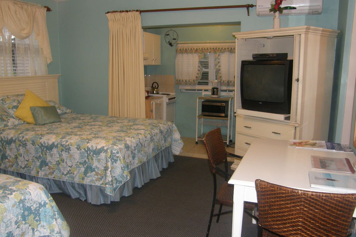 Quarto com cama, escrivaninha, televisão e cozinha compacta.