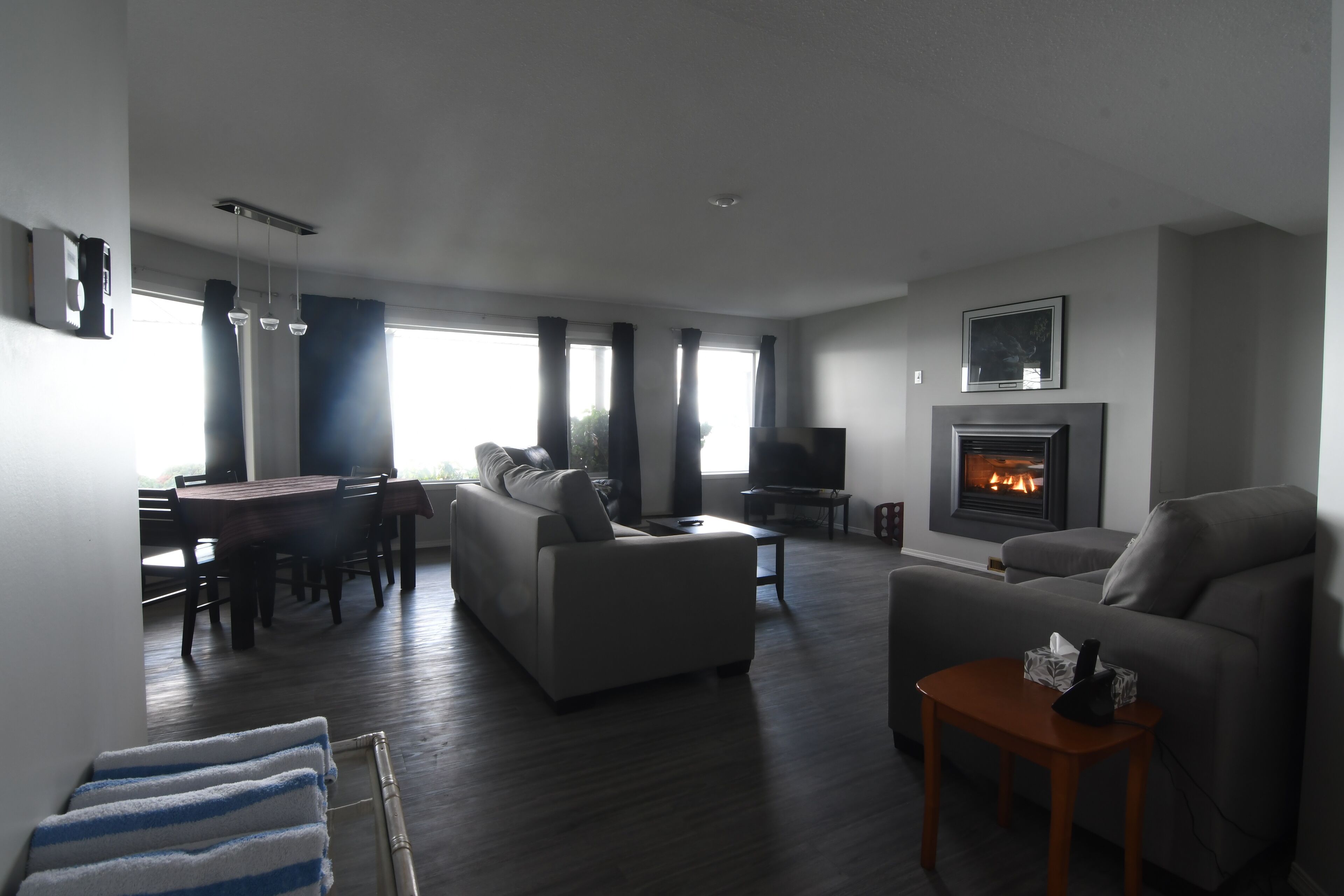 A modern living room with a fireplace, a dining area, and a sofa.