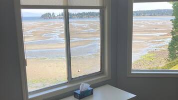 A room with a desk and two windows overlooking a beach.