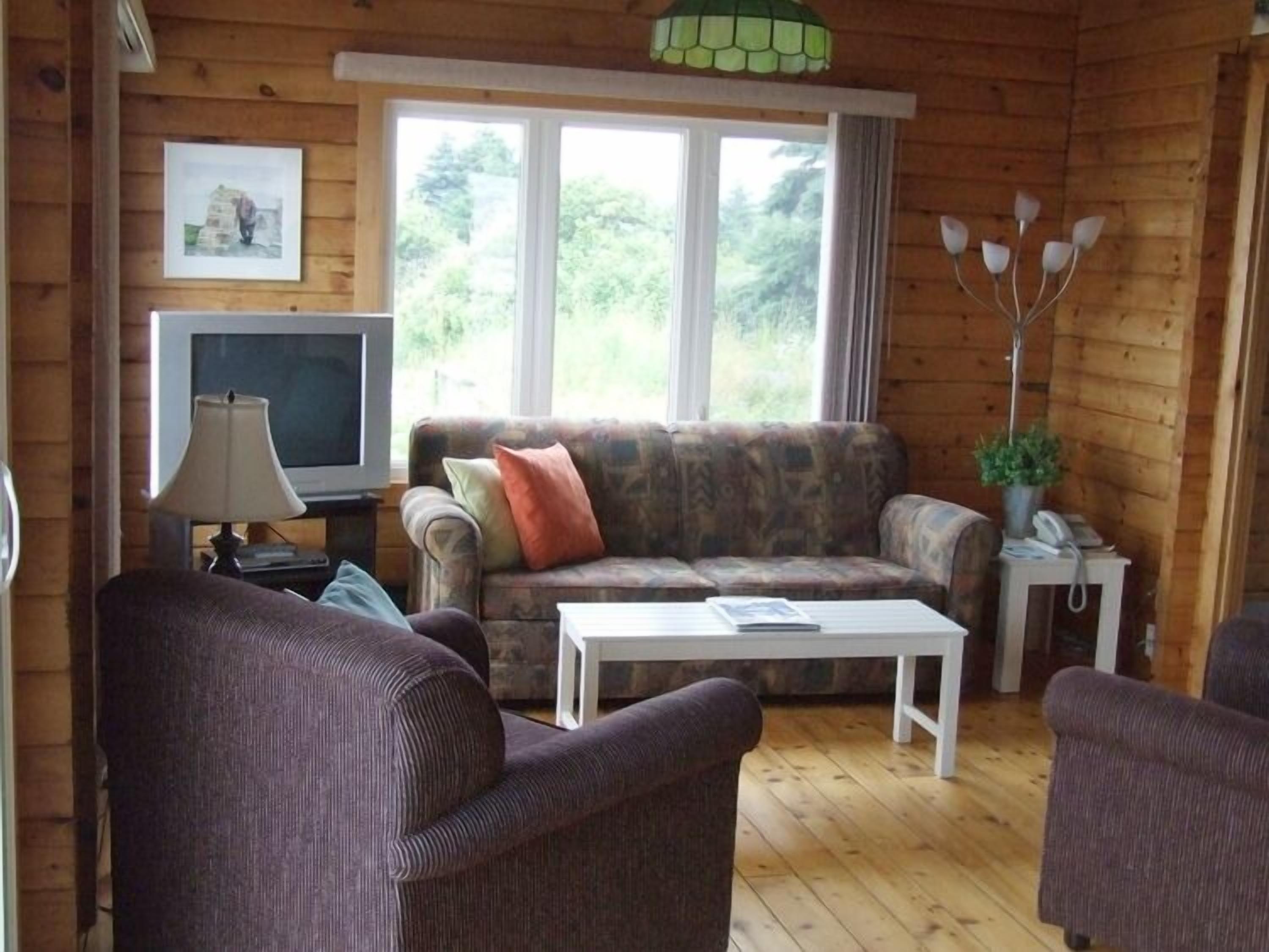 A cozy living room with a sofa, two armchairs, a coffee table, a television, and a lamp.