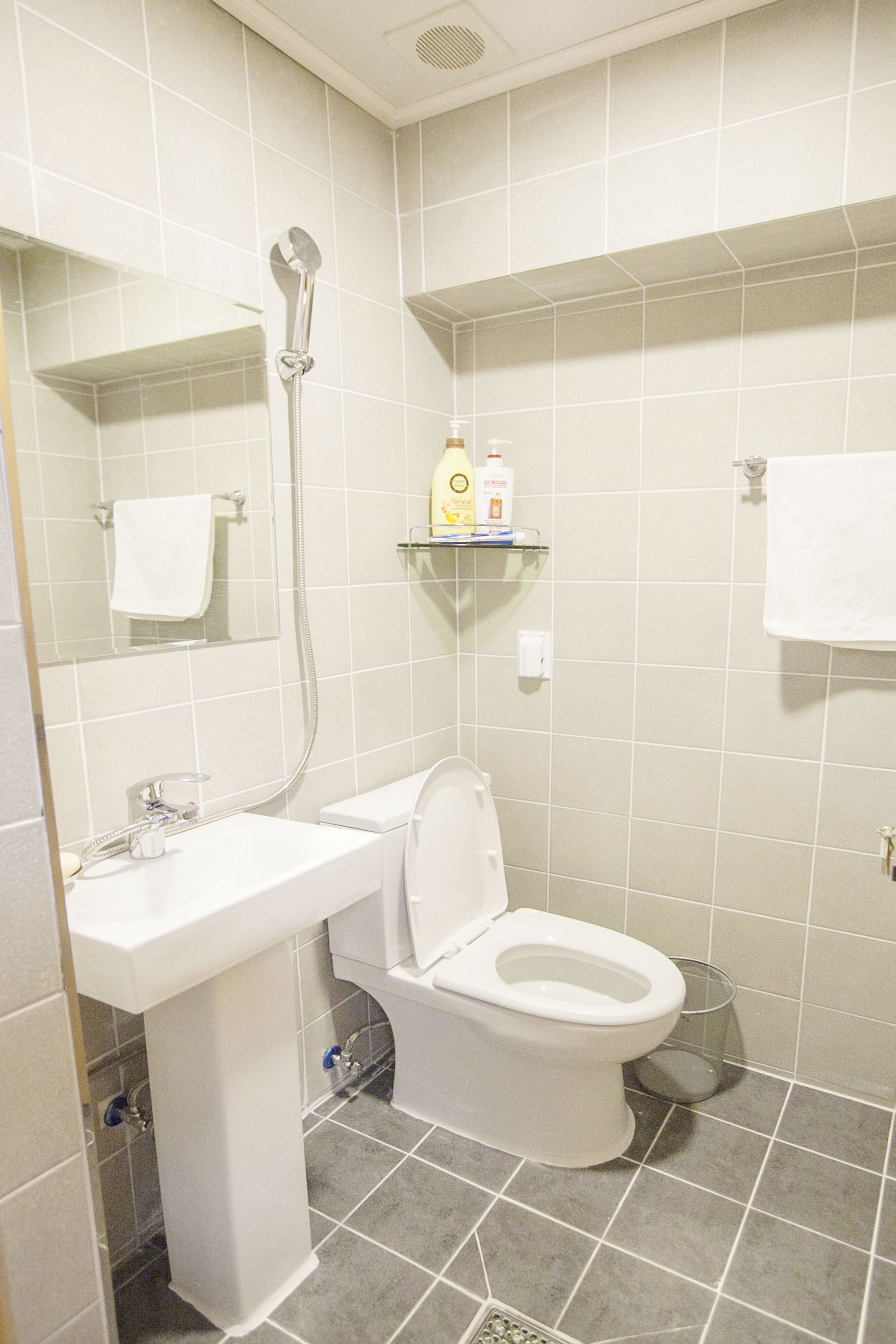 Une salle de bain avec des toilettes, un lavabo et une douche.