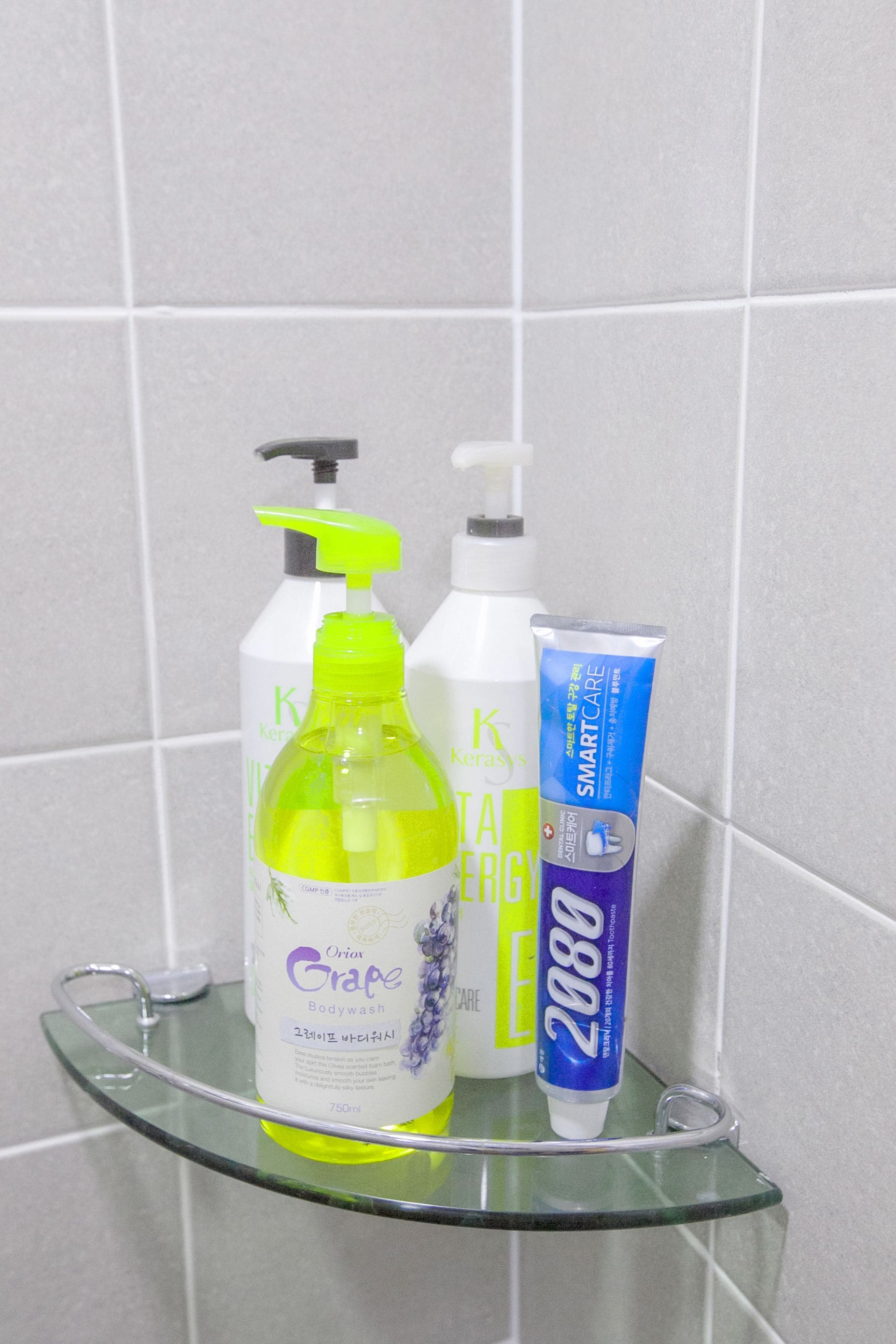 A bathroom shelf with a bottle of body wash, a bottle of shampoo, and a tube of toothpaste.