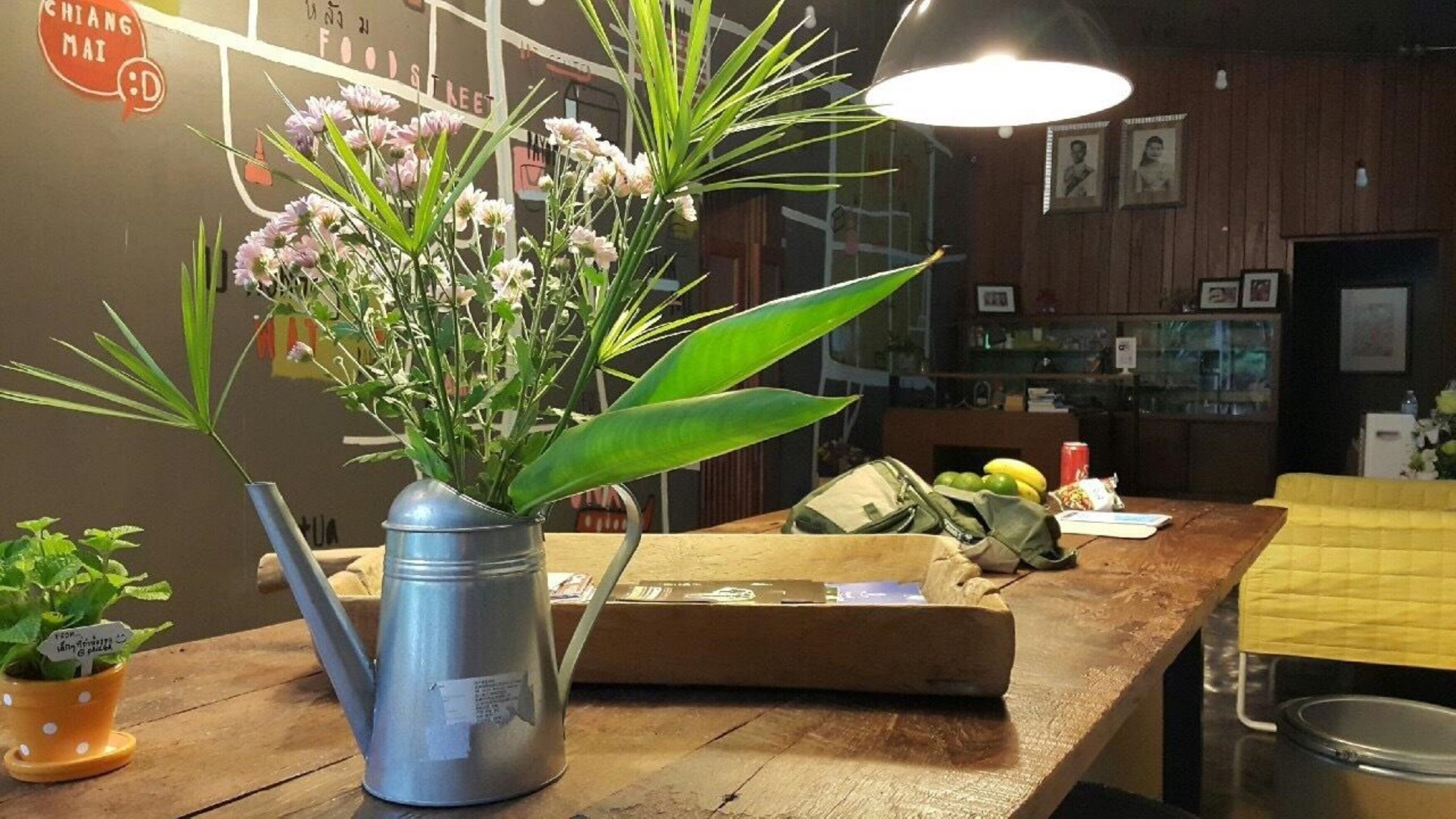 A wooden counter with a metal watering can holding flowers, a small potted plant, and a sign reading "CHIANG MAI".