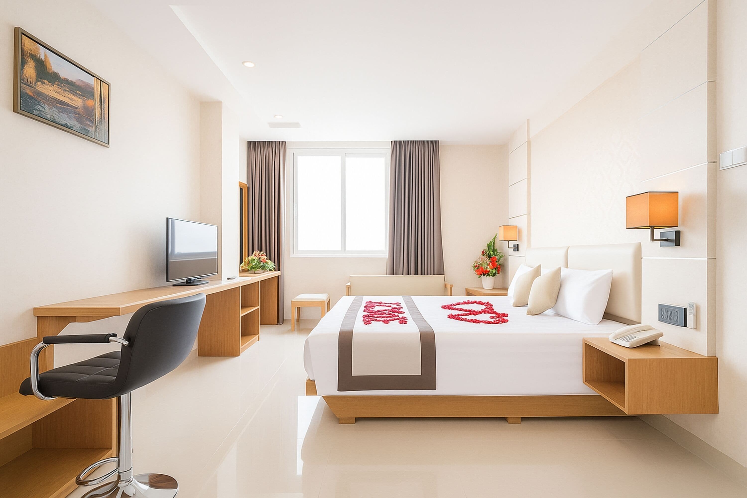 Une chambre d’hôtel comprenant un lit, un bureau avec une chaise, une télévision, une table de chevet avec une lampe et une fenêtre avec des rideaux.