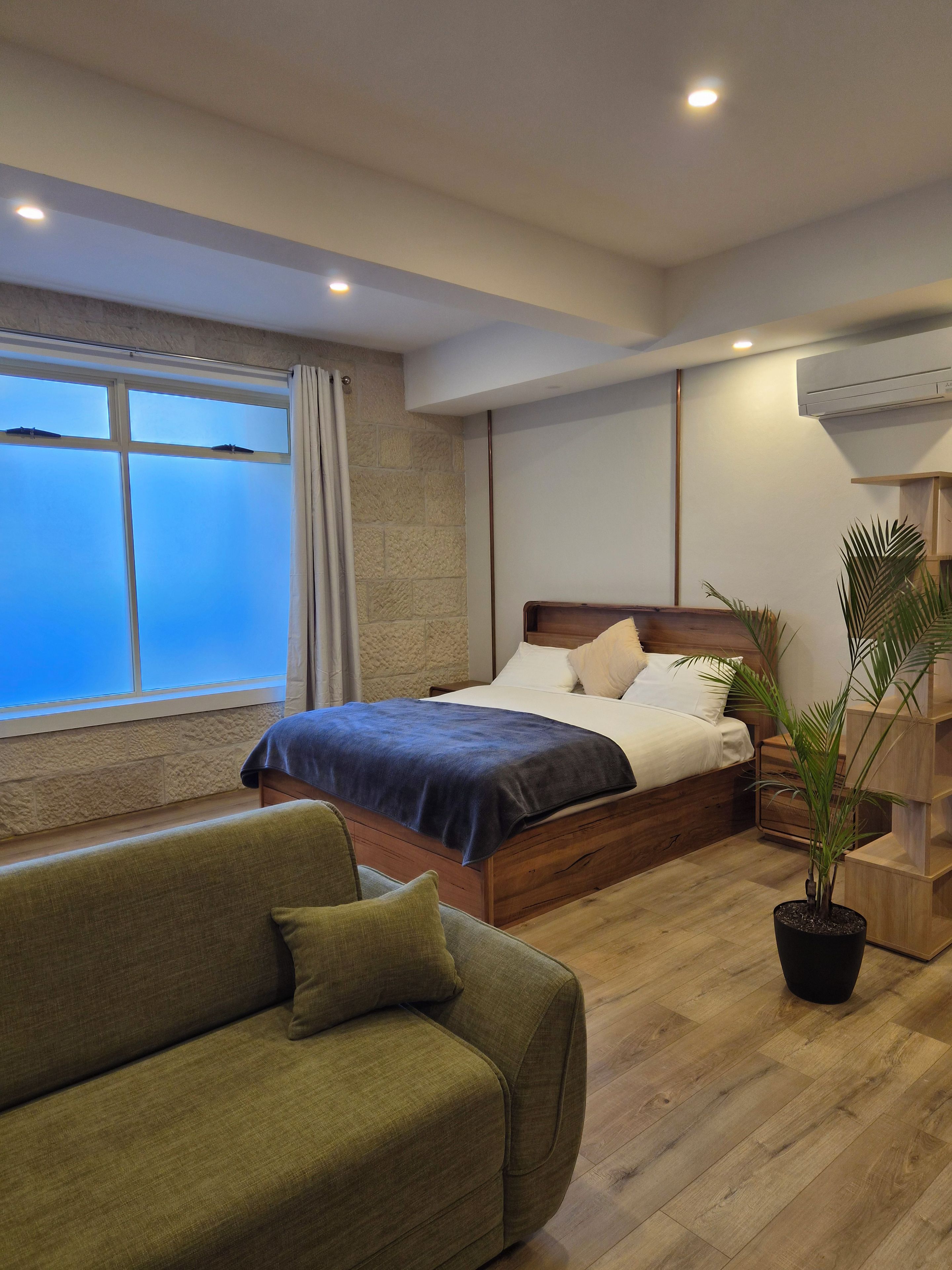 A bedroom with a bed, a green sofa, a potted plant, and a window with curtains.