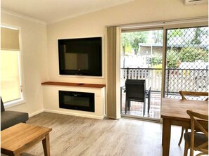 Flat-screen TV, DVD player, table tennis