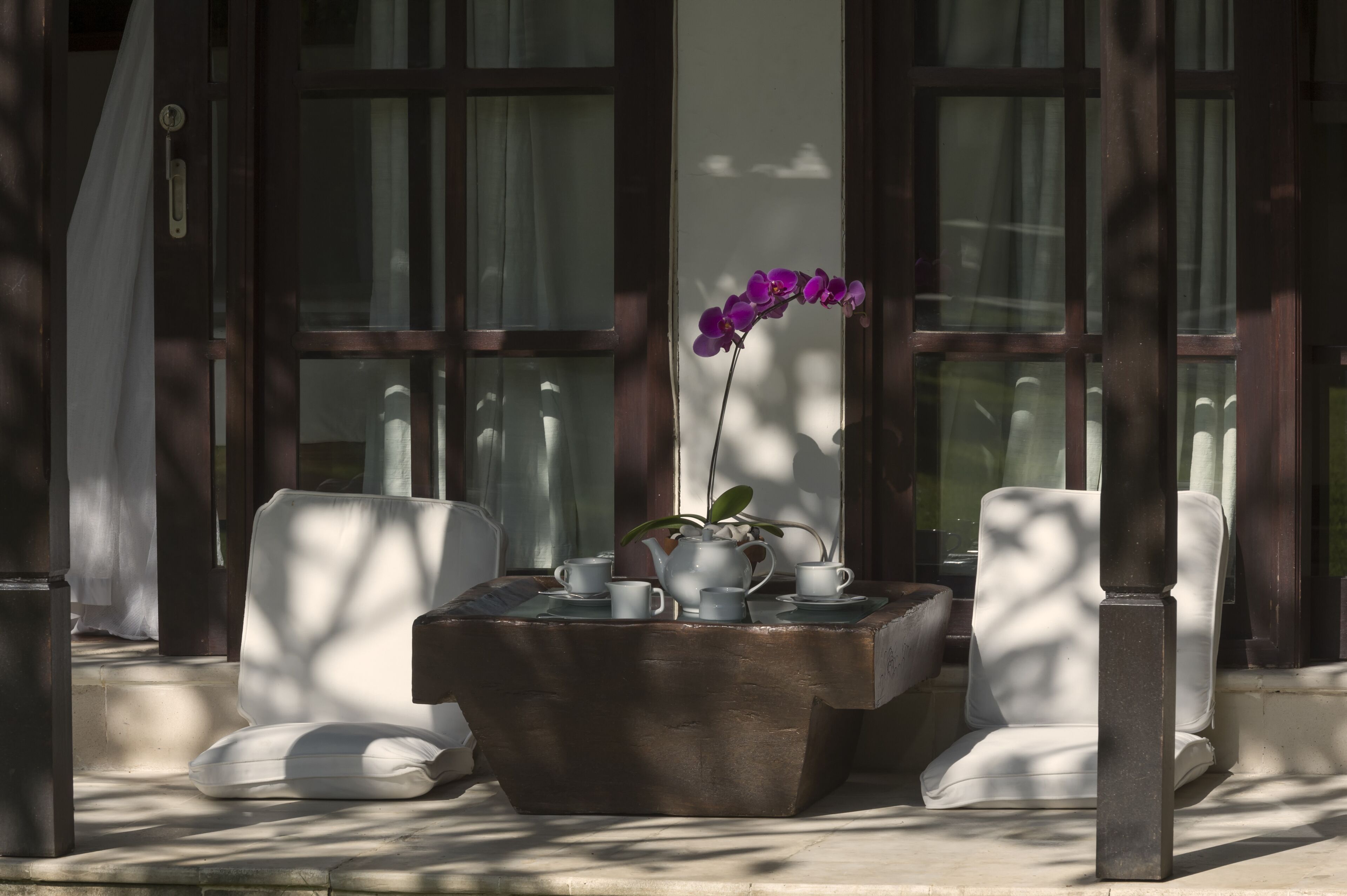 Un espace salon avec une table, des chaises et une orchidée en pot.