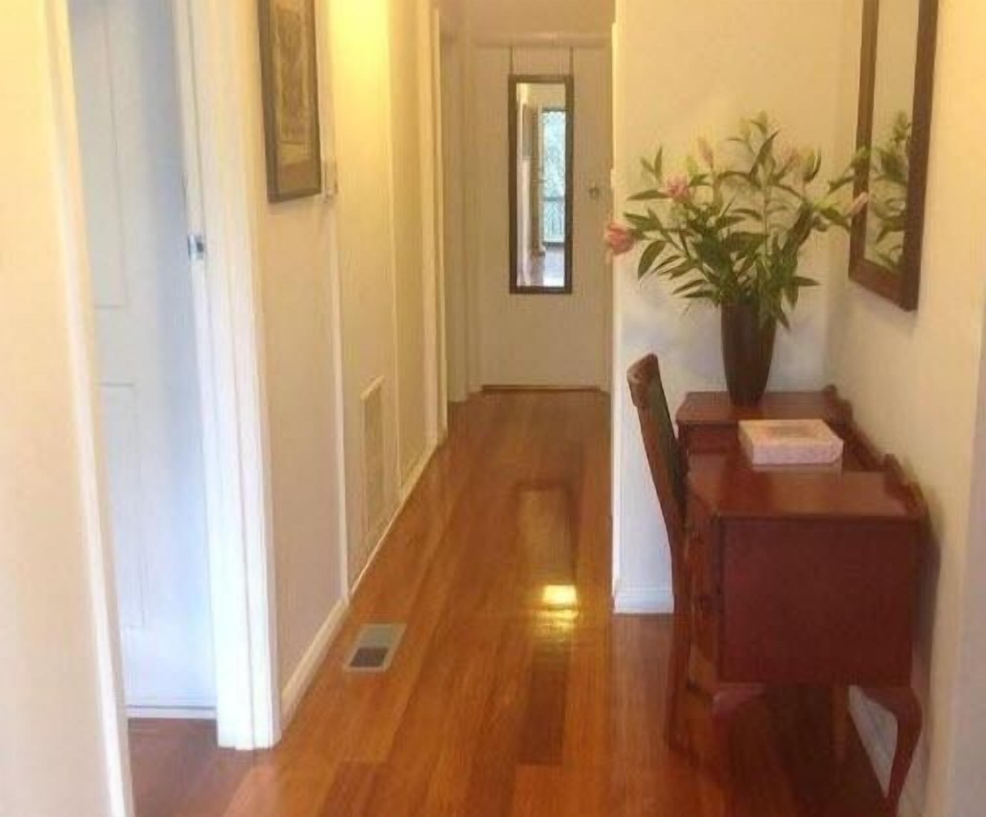 A hallway with wooden flooring, a dining table with chairs, and a potted plant.