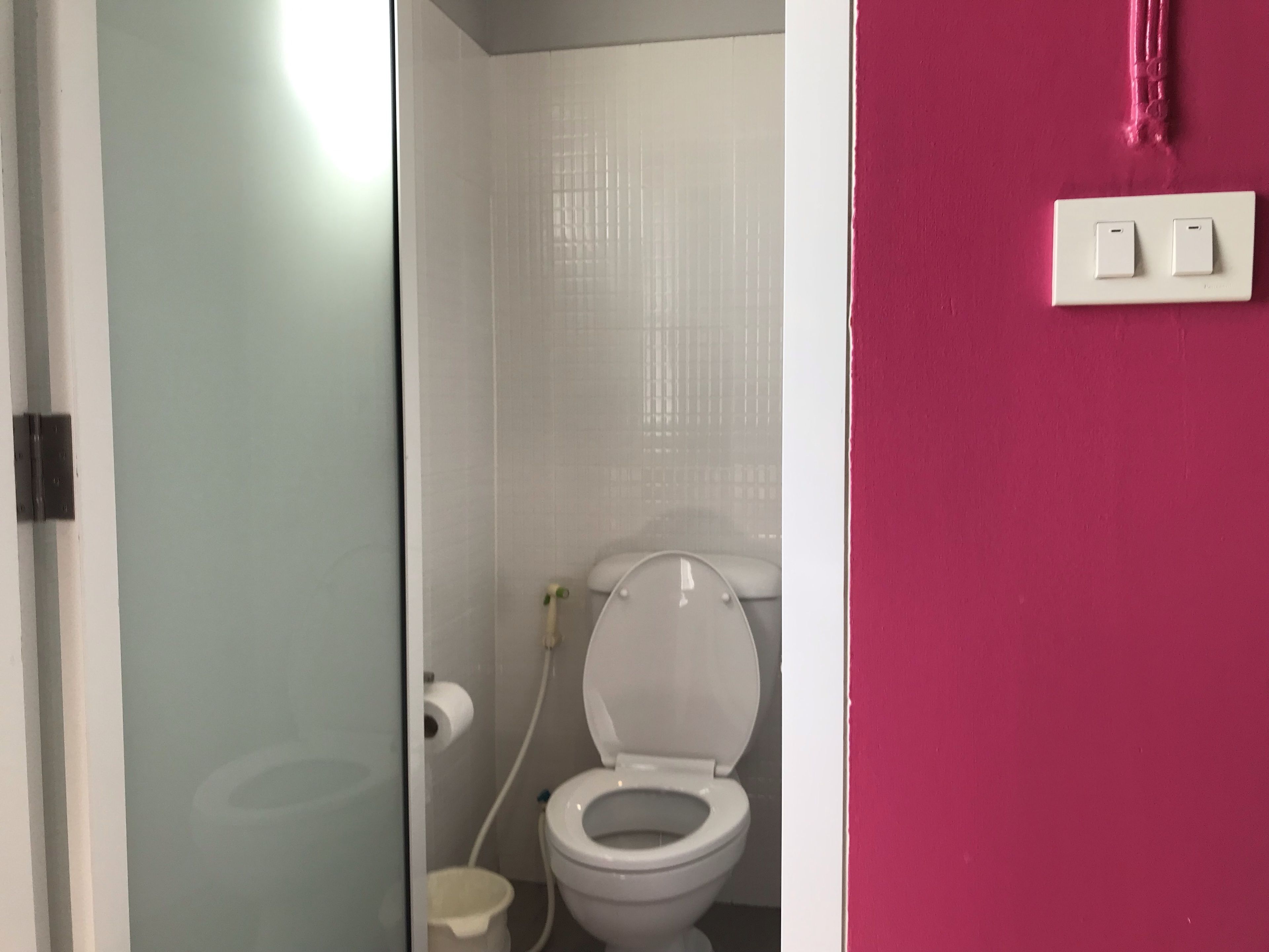 Ein Badezimmer mit Toilette, einer weißen Mülltonne und einem Lichtschalter an der Wand.