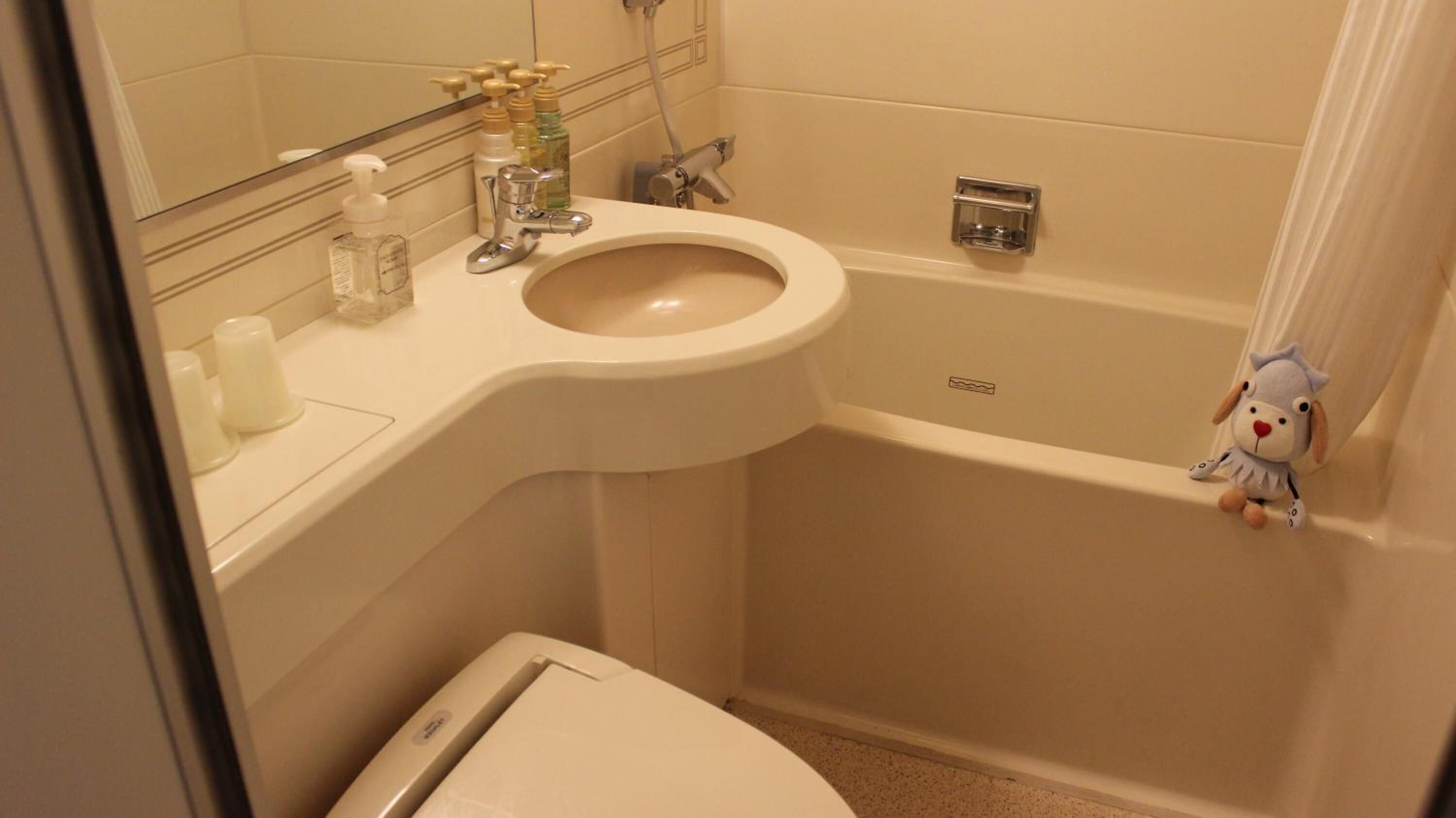 combined shower/bathtub, free toiletries, hair dryer, slippers