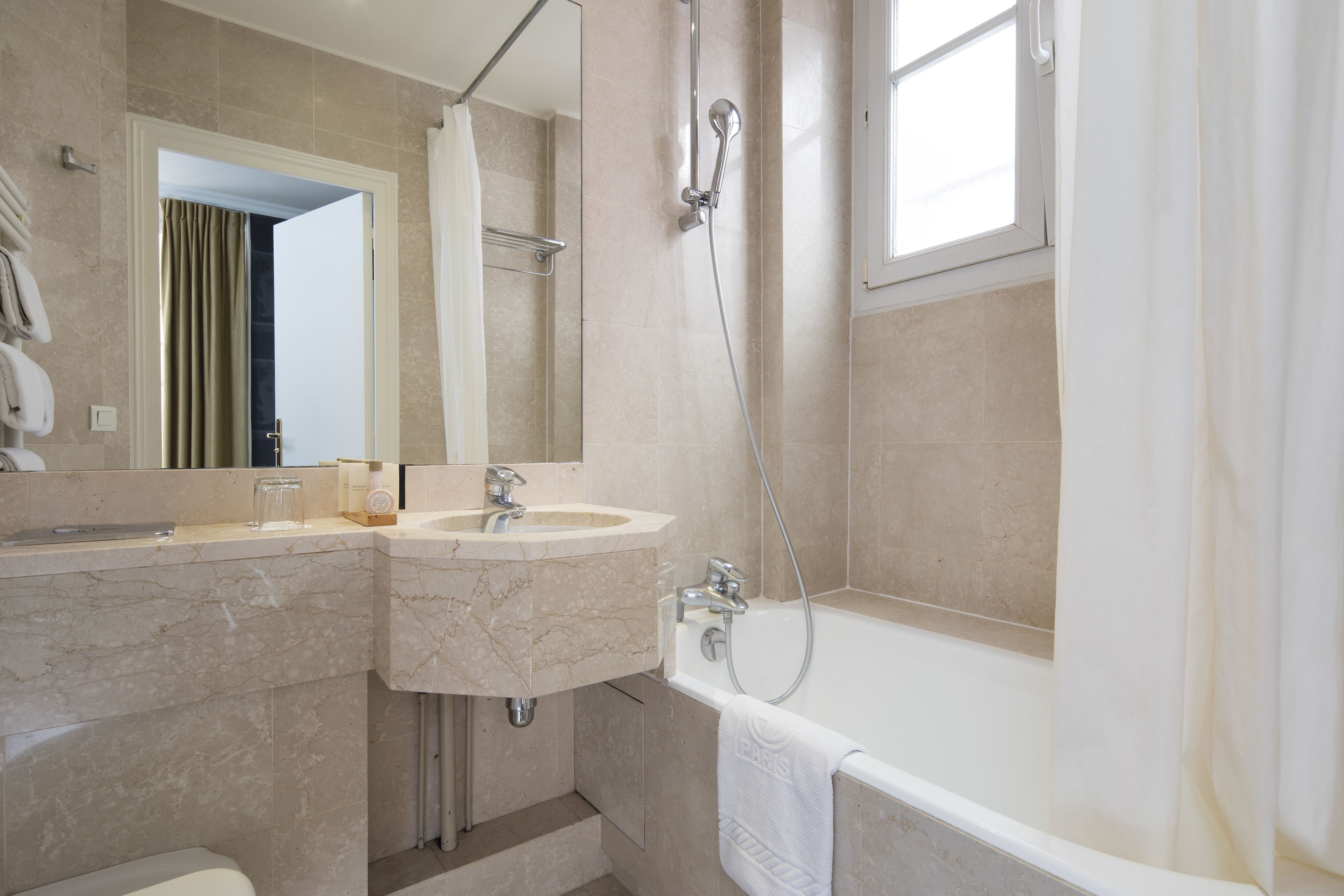 hair dryer, slippers, towels