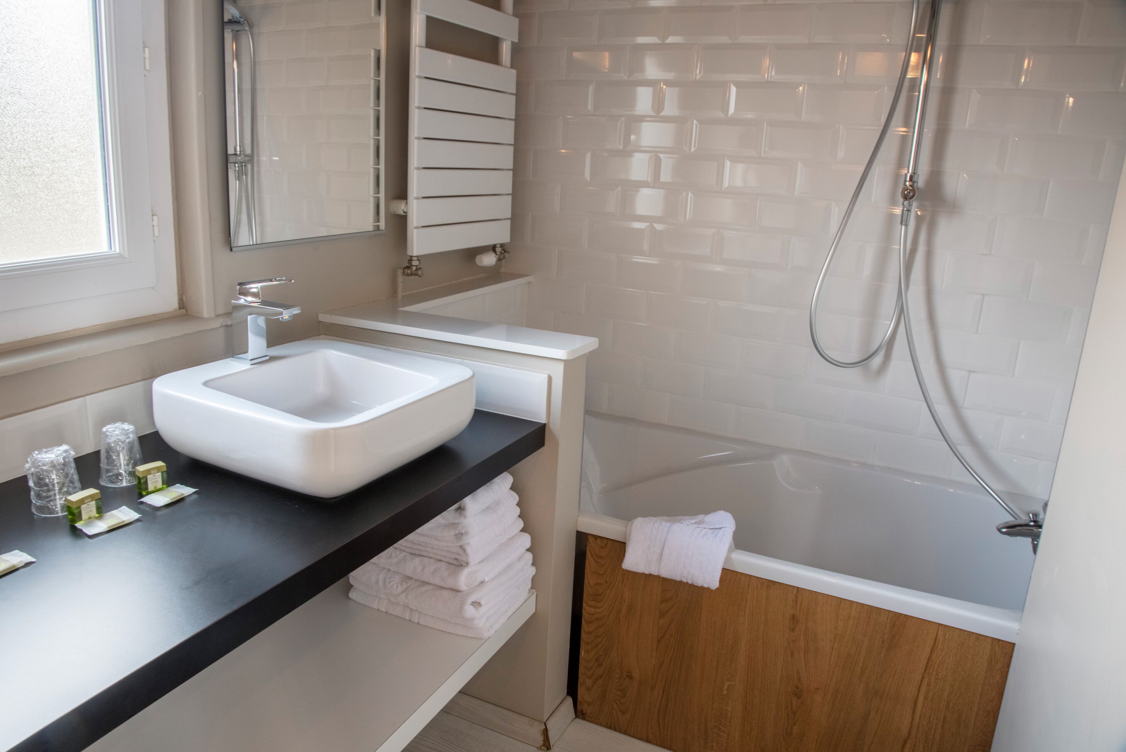 free toiletries, hair dryer, towels