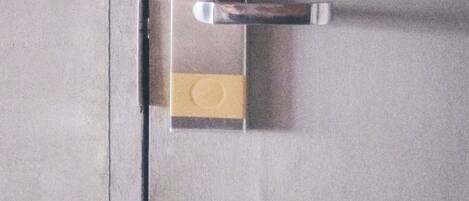 A door with a keyhole, a lock, and a handle.