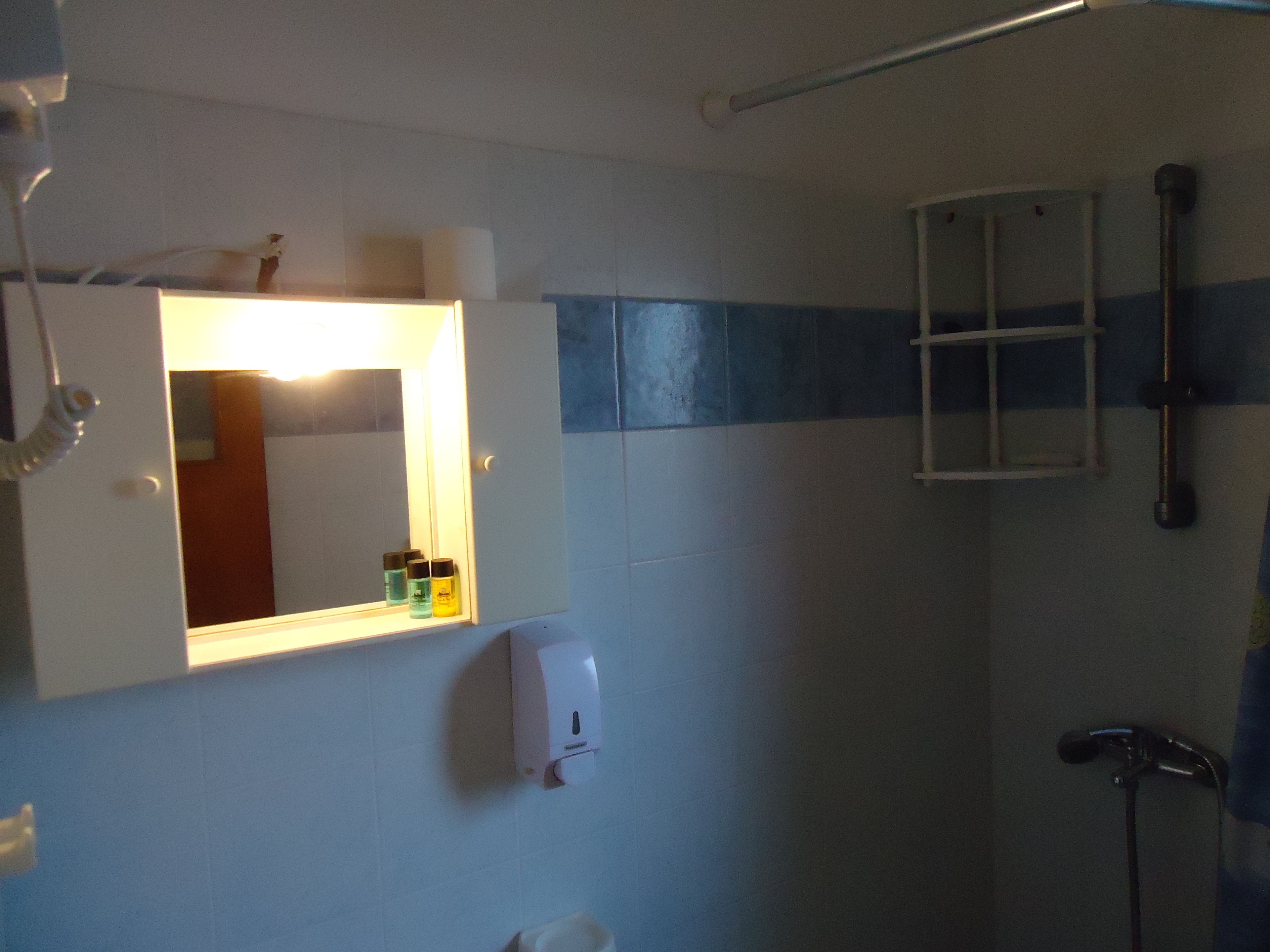 Ein Badezimmer mit Spiegel, Handtrockner, Handtuchhalter und Duschbereich.