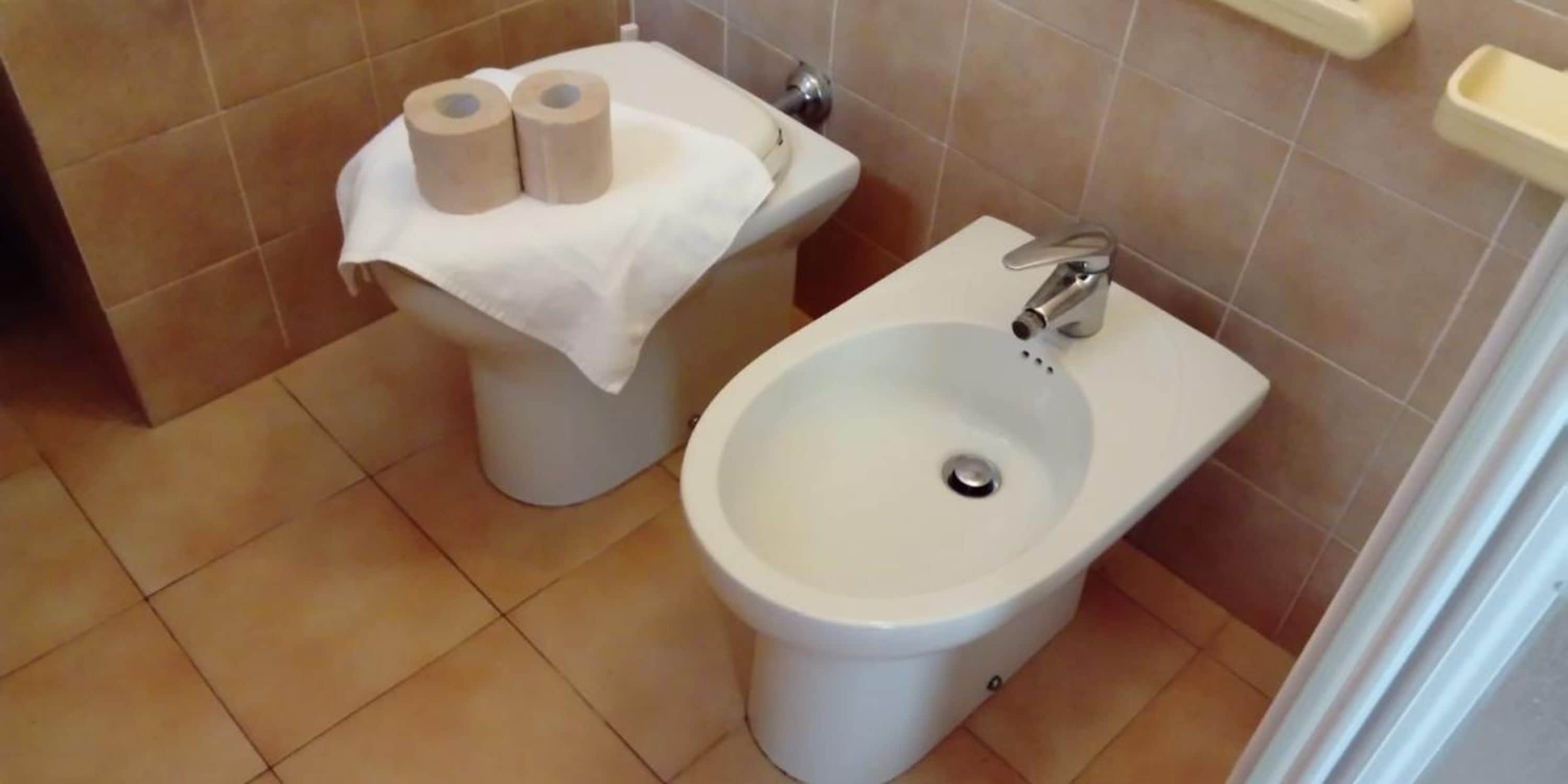 A bathroom with a toilet and a bidet.