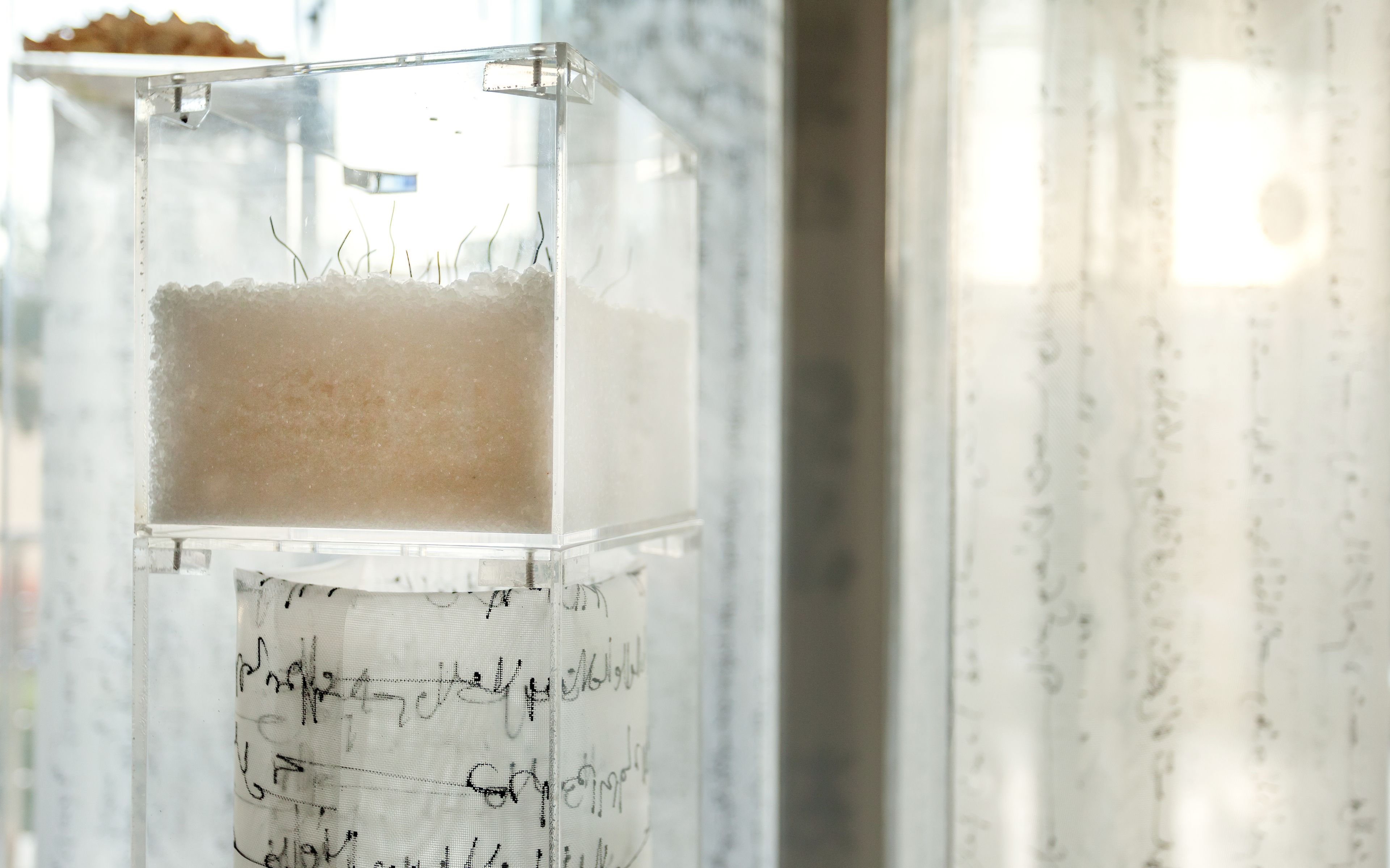 A clear glass container with a white granular substance at the bottom, possibly salt, and a vertical surface with handwritten text.