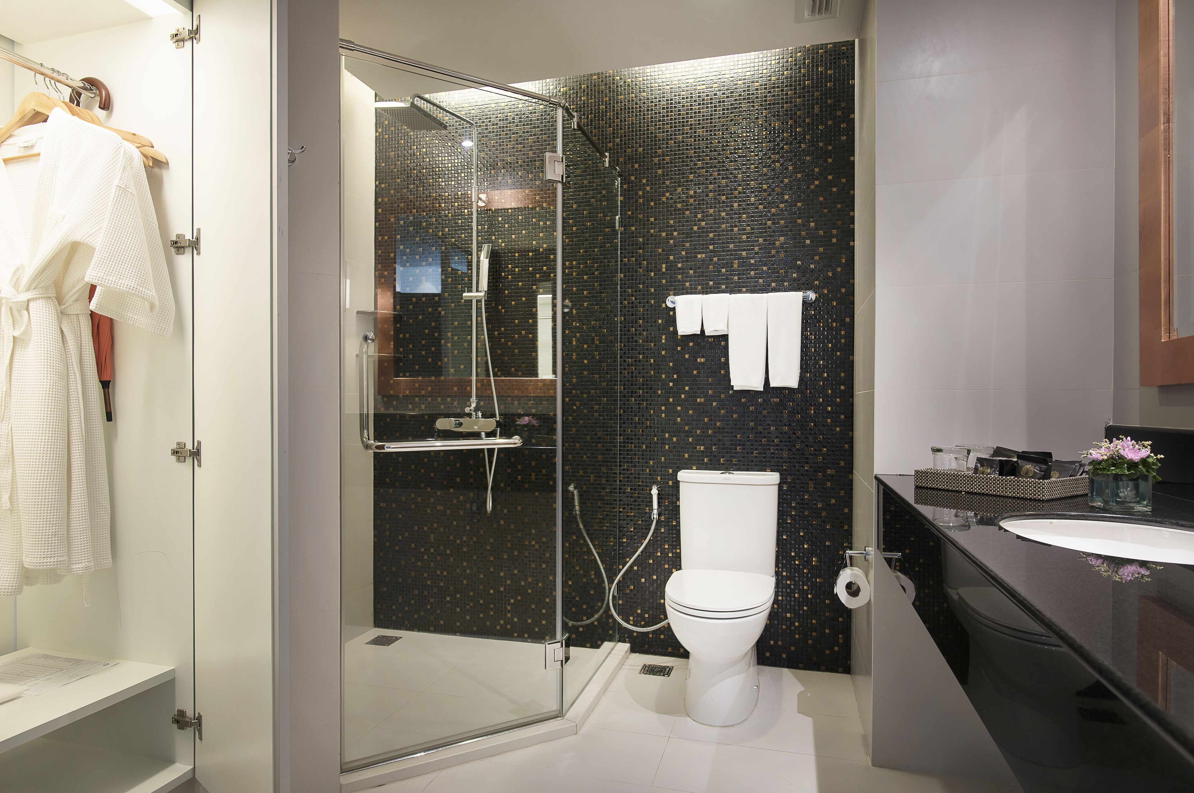 shower, rainfall showerhead, free toiletries, hair dryer