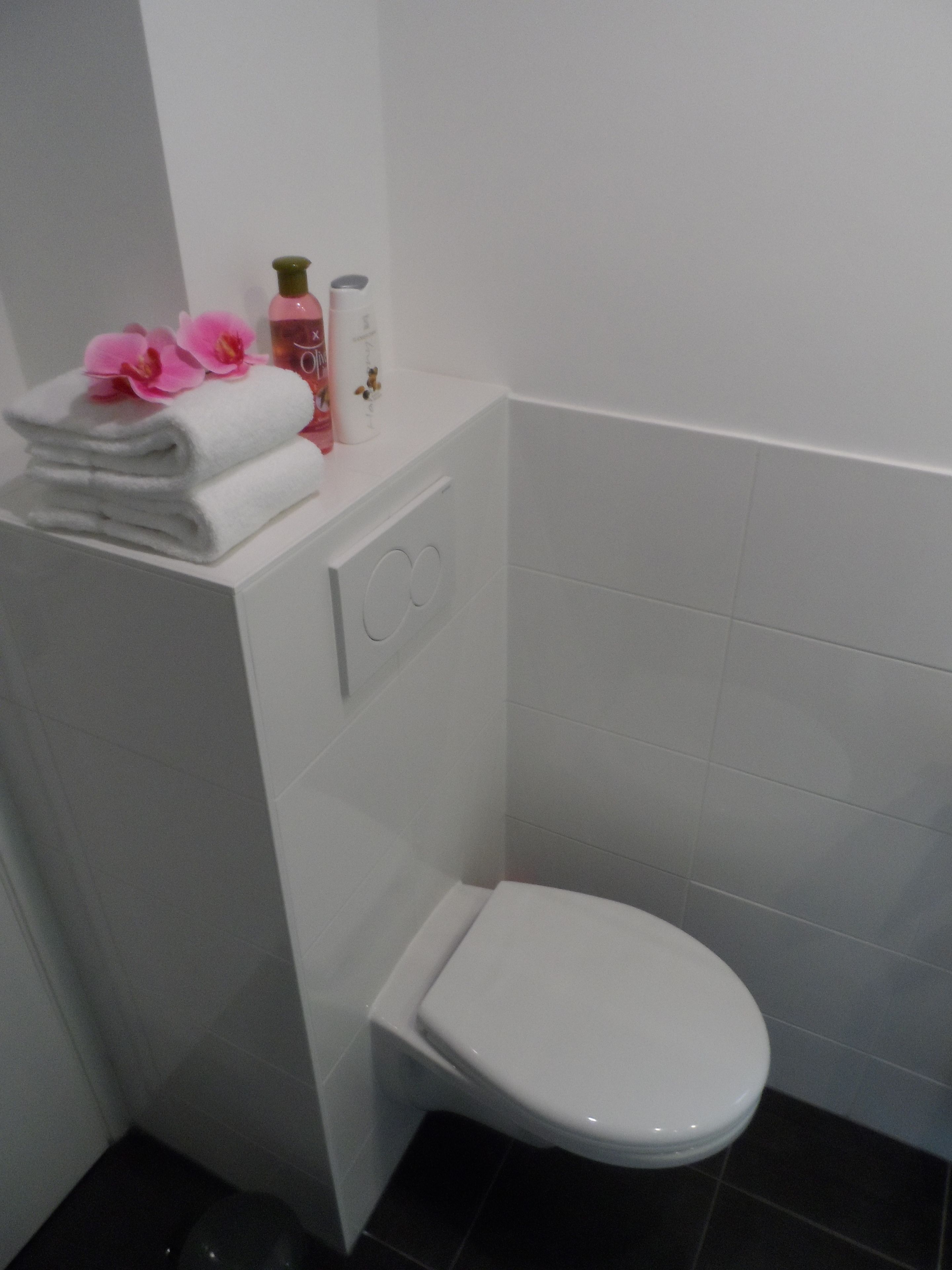 Une petite salle de bain avec des toilettes blanches, une pile de serviettes et quelques articles de toilette disposés sur une étagère.