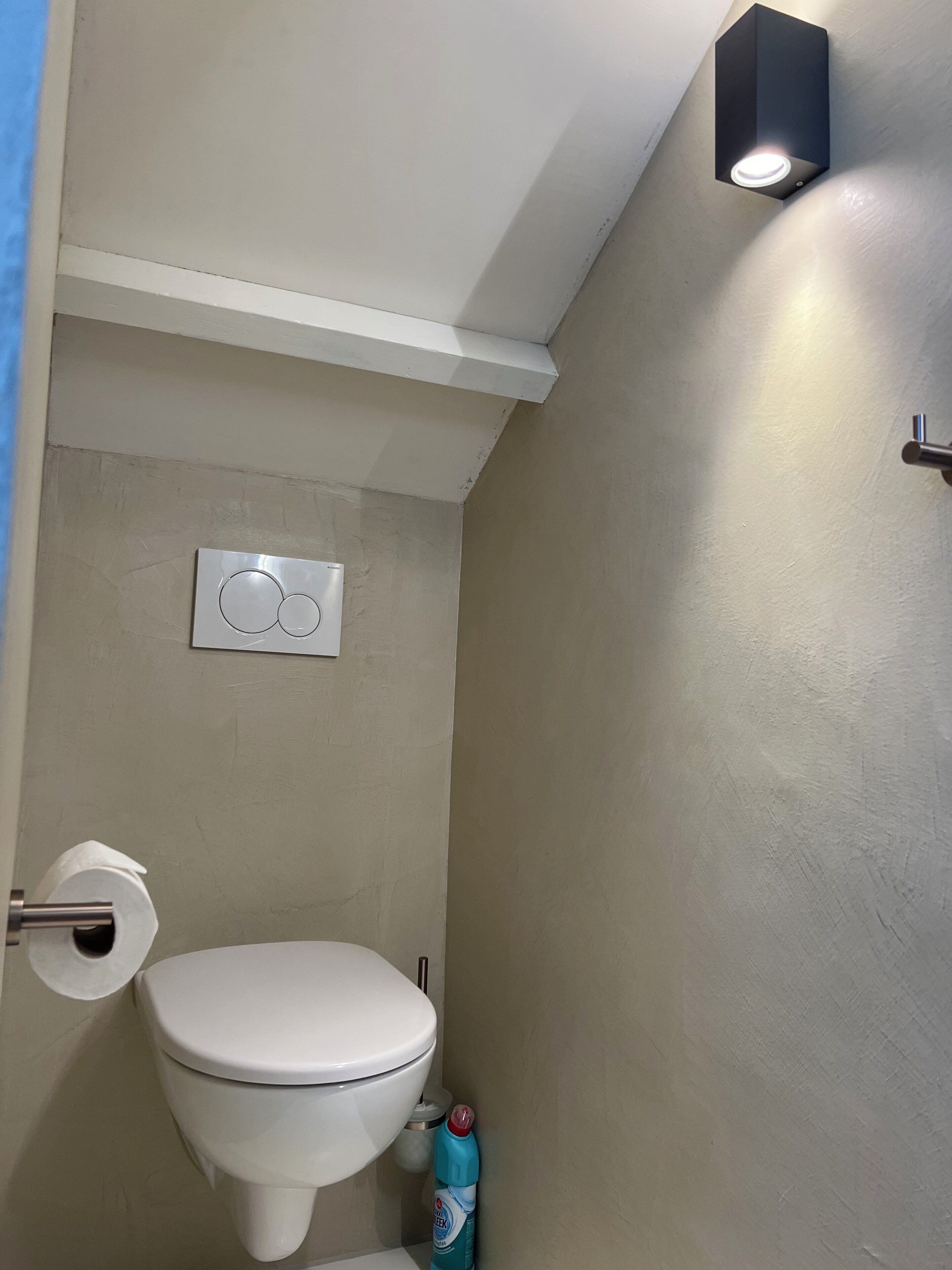 A bathroom with a toilet, a wall-mounted flush handle, a toilet paper holder, and a bottle of cleaning product.