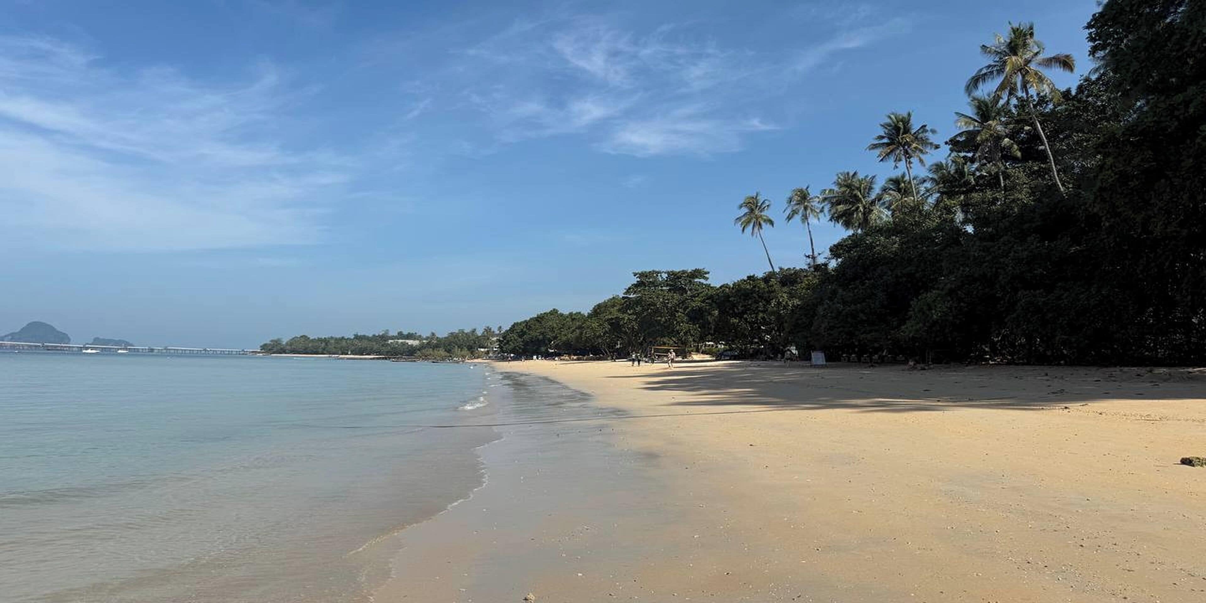 A beach with clear water, palm trees, and a distant mountain.