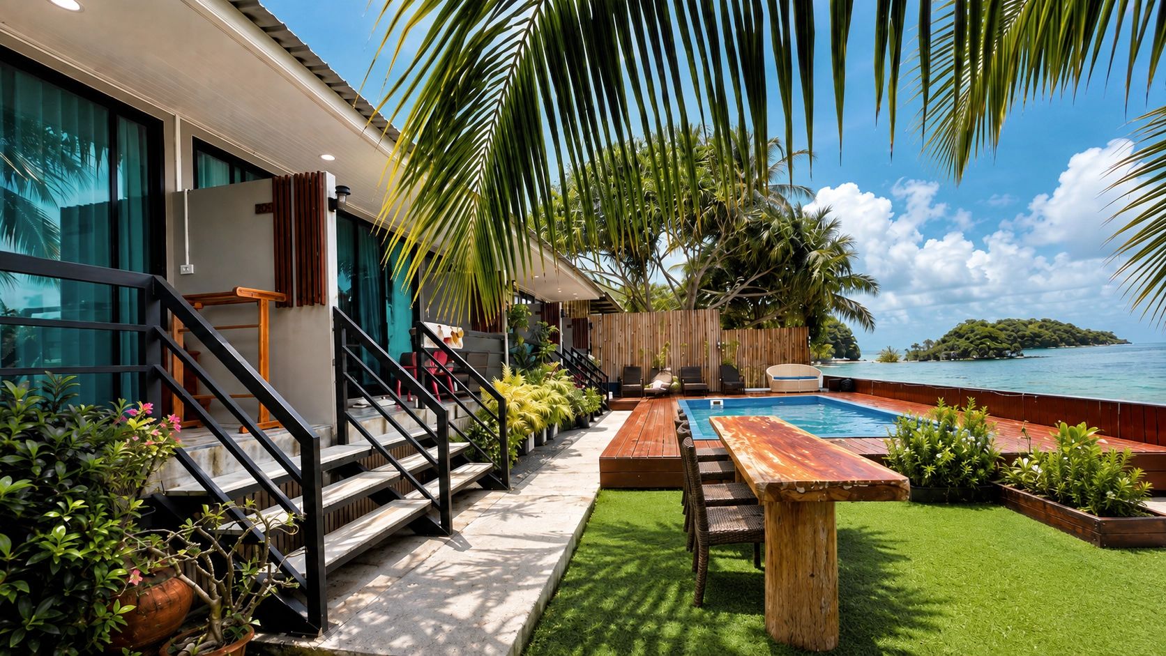 A modern outdoor pool area with a wooden deck, a hot tub, and a view of the sea.