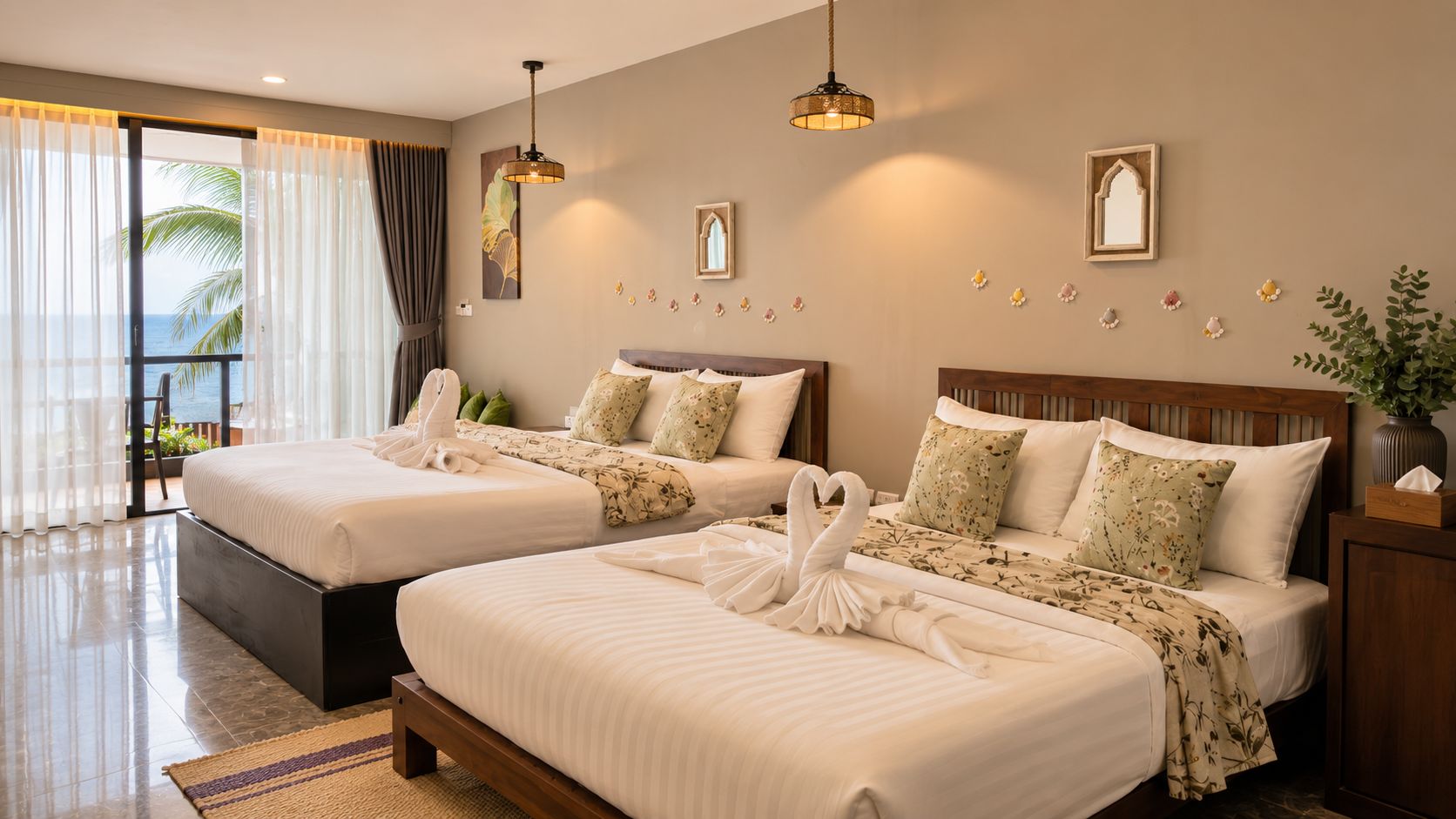 Habitación de hotel con dos camas, un balcón con vistas y decoración en la pared.