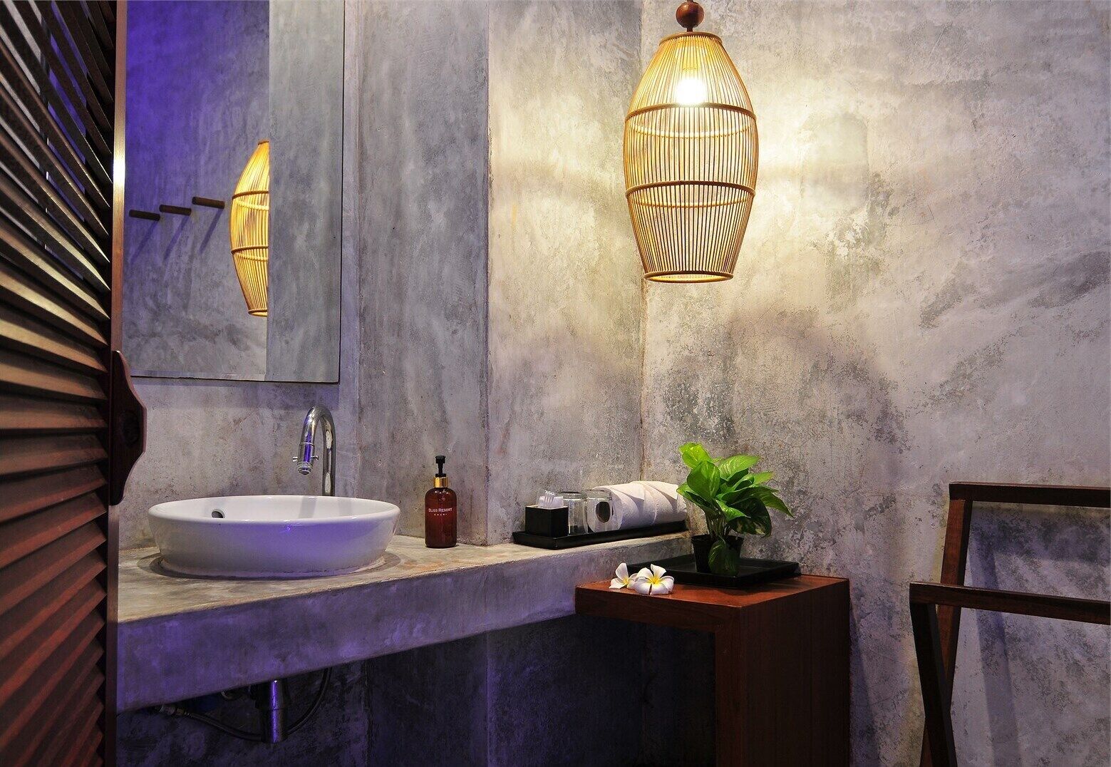 Un baño moderno con un lavamanos grande, un espejo, un aplique de pared y una pequeña planta en la encimera.