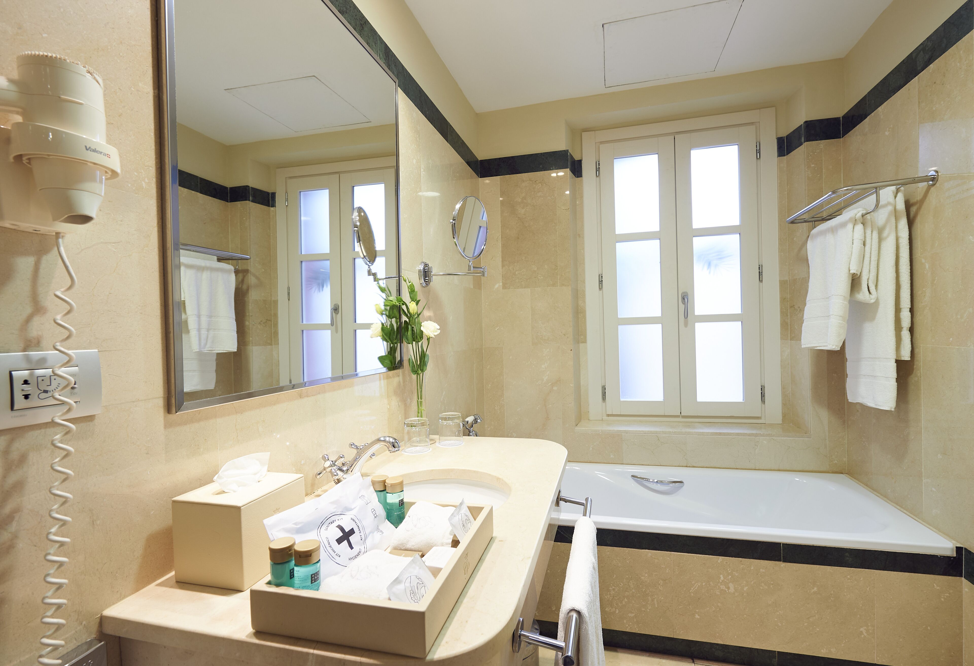 classic room | bathroom | hair dryer, bathrobes, slippers, towels