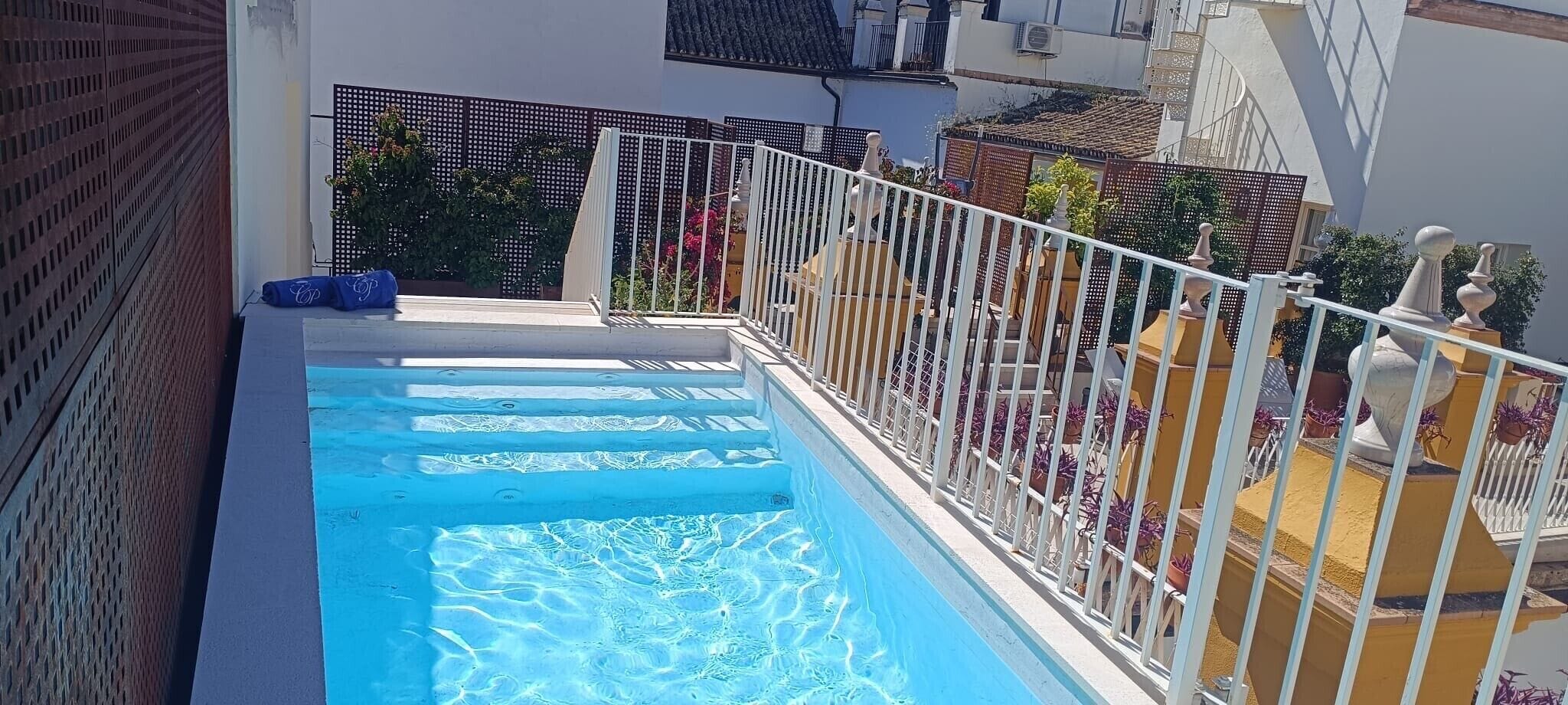 Outdoor pool, pool umbrellas, sun loungers